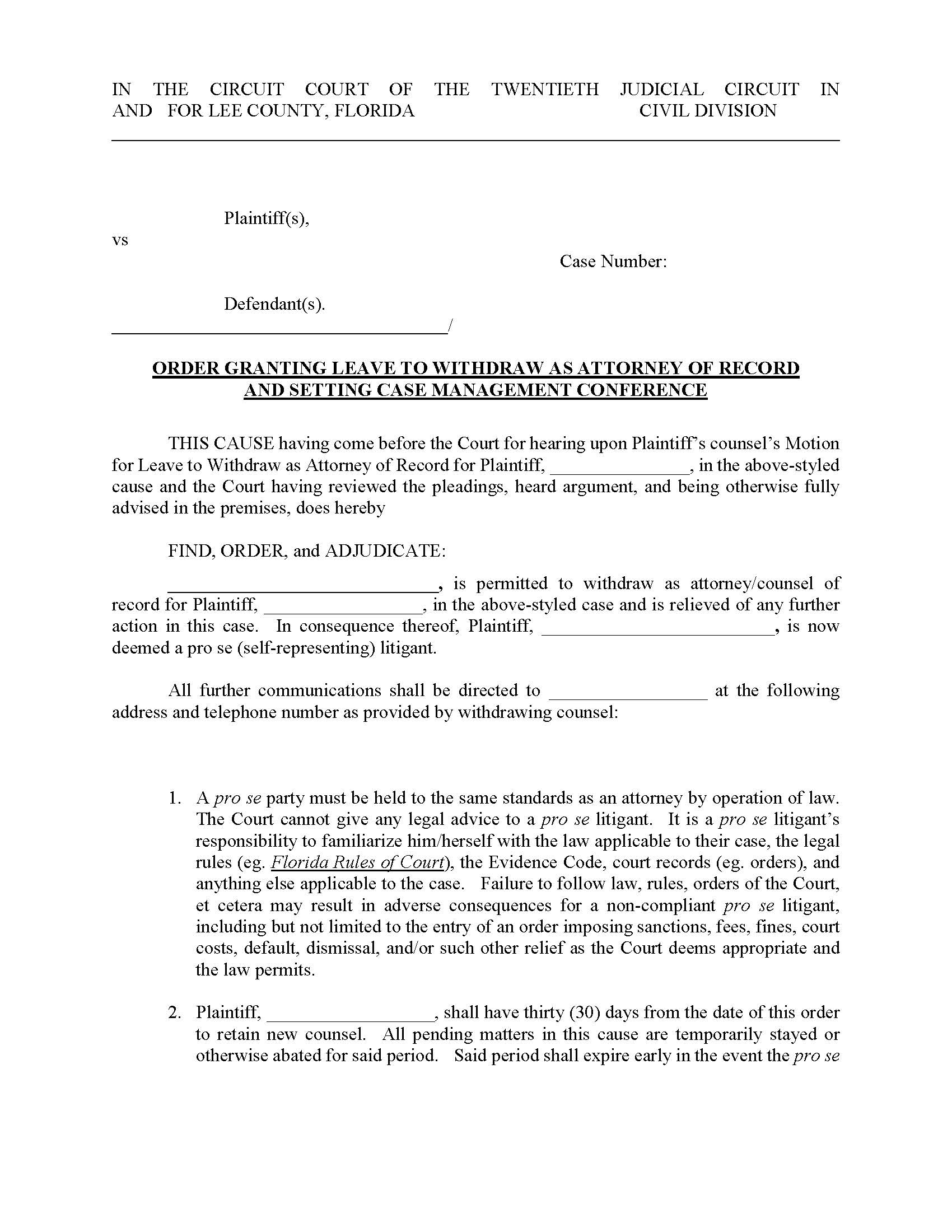 Order Granting Leave To Withdraw And Setting CMC (Judge K. Kyle) | Pdf Fpdf Docx | Florida