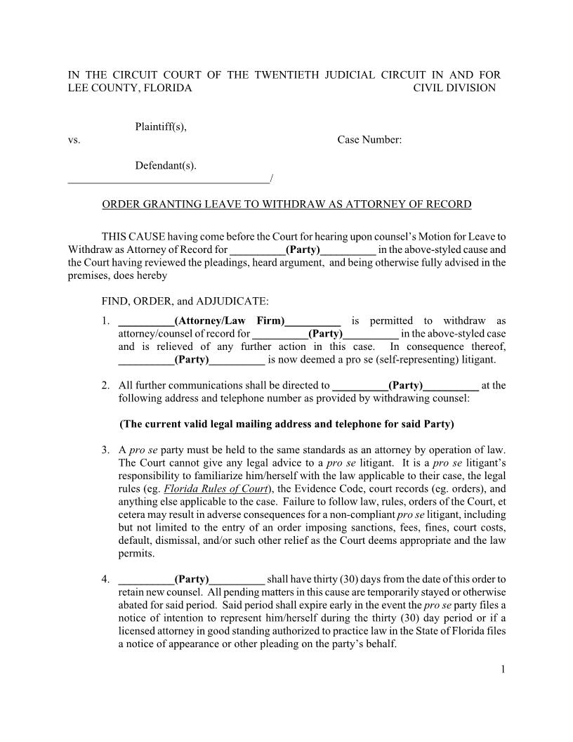 Order Granting Leave To Withdraw As Attorney Of Record (Judge Fuller) | Pdf Fpdf Docx | Florida