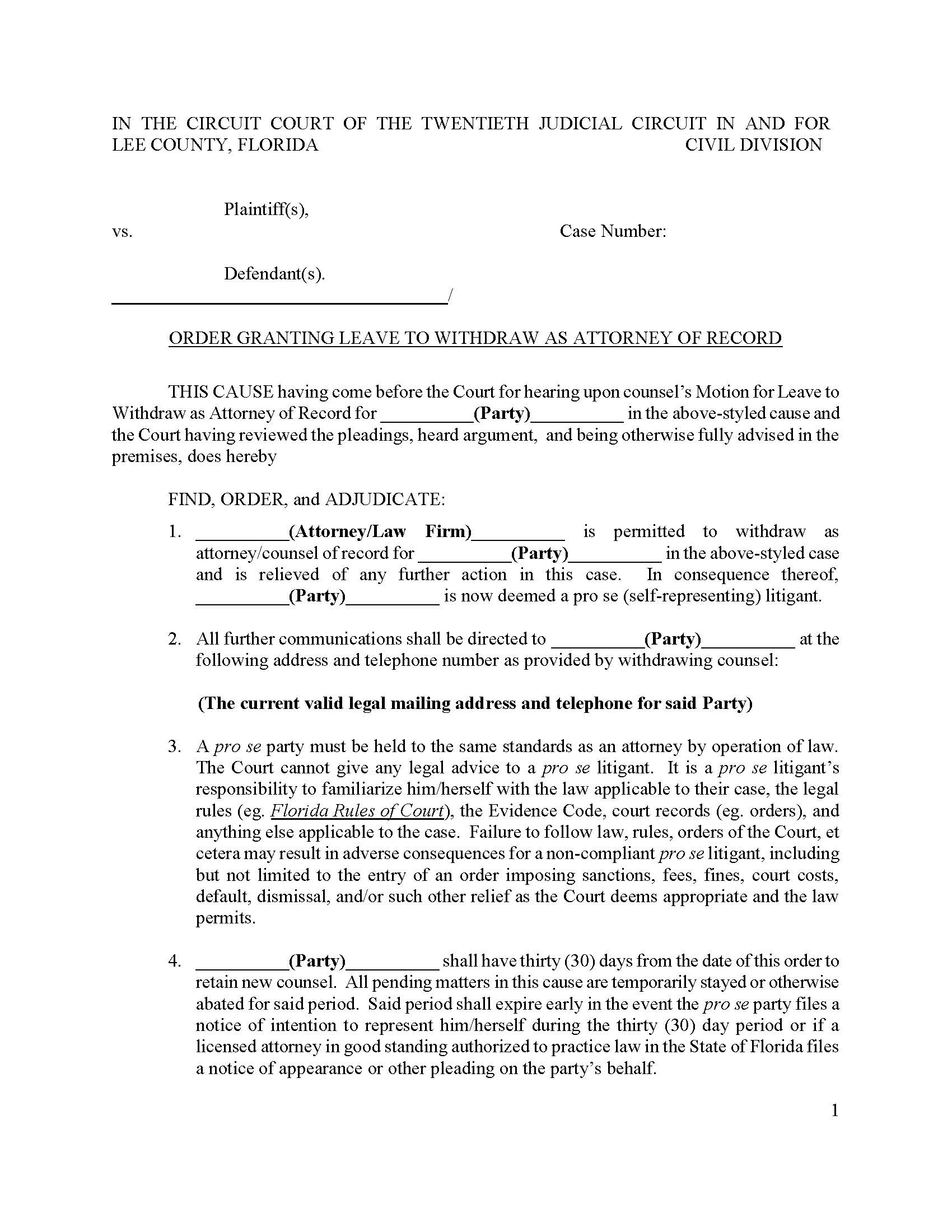 Order Granting Leave To Withdraw As Attorney Of Record (Judge K. Kyle) | Pdf Fpdf Docx | Florida