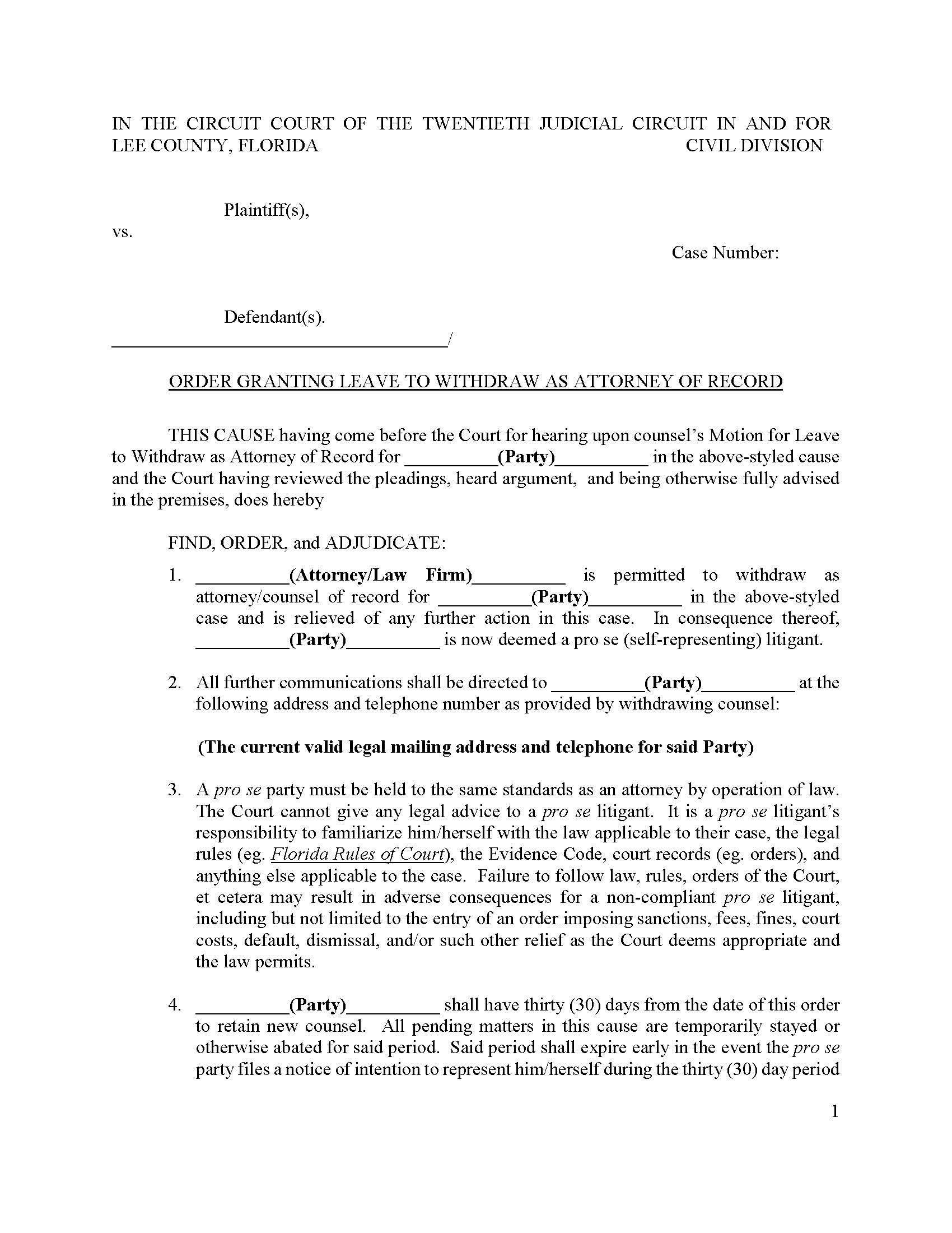 Order Granting Leave To Withdraw As Attorney Of Record (Judge Shenko) | Pdf Fpdf Docx | Florida
