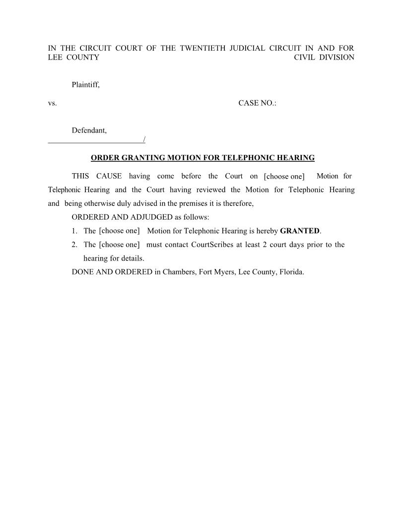 Order Granting Motion For Telephonic Hearing (Judge Laboda) | Pdf Fpdf Docx | Florida