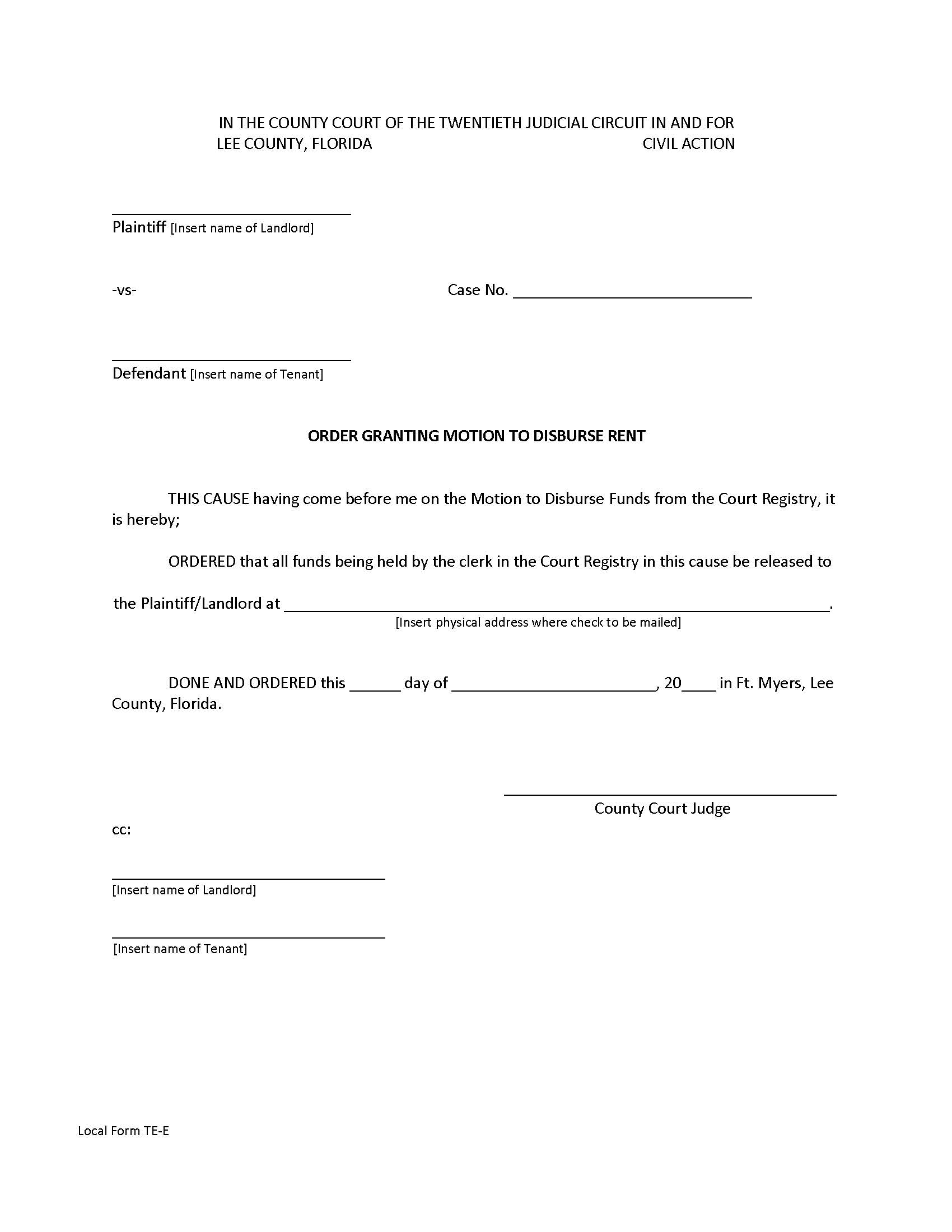 Order Granting Motion To Disburse Rent {TE-E} | Pdf Fpdf Docx | Florida