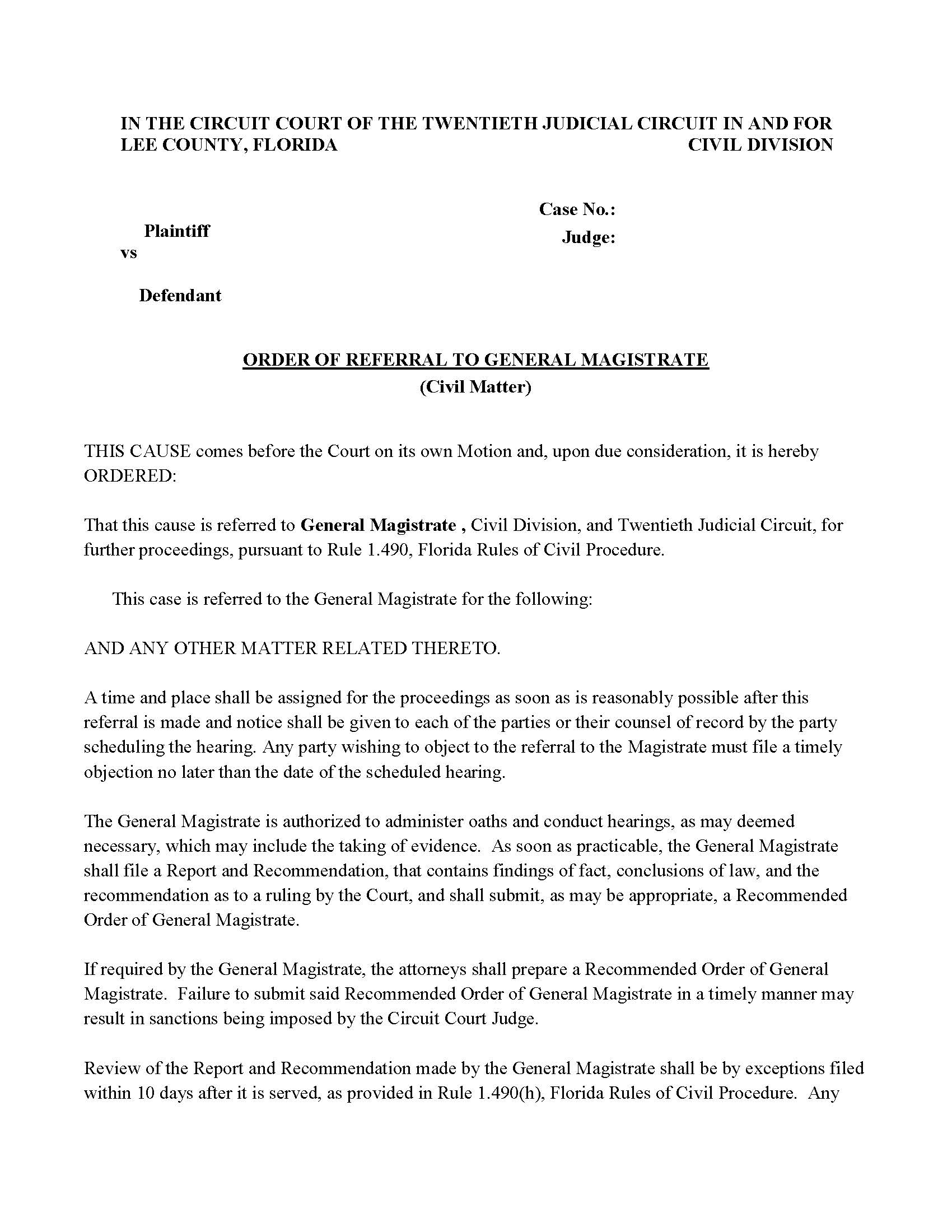Order Of Referral To General Magistrate (Civil) | Pdf Fpdf Docx | Florida