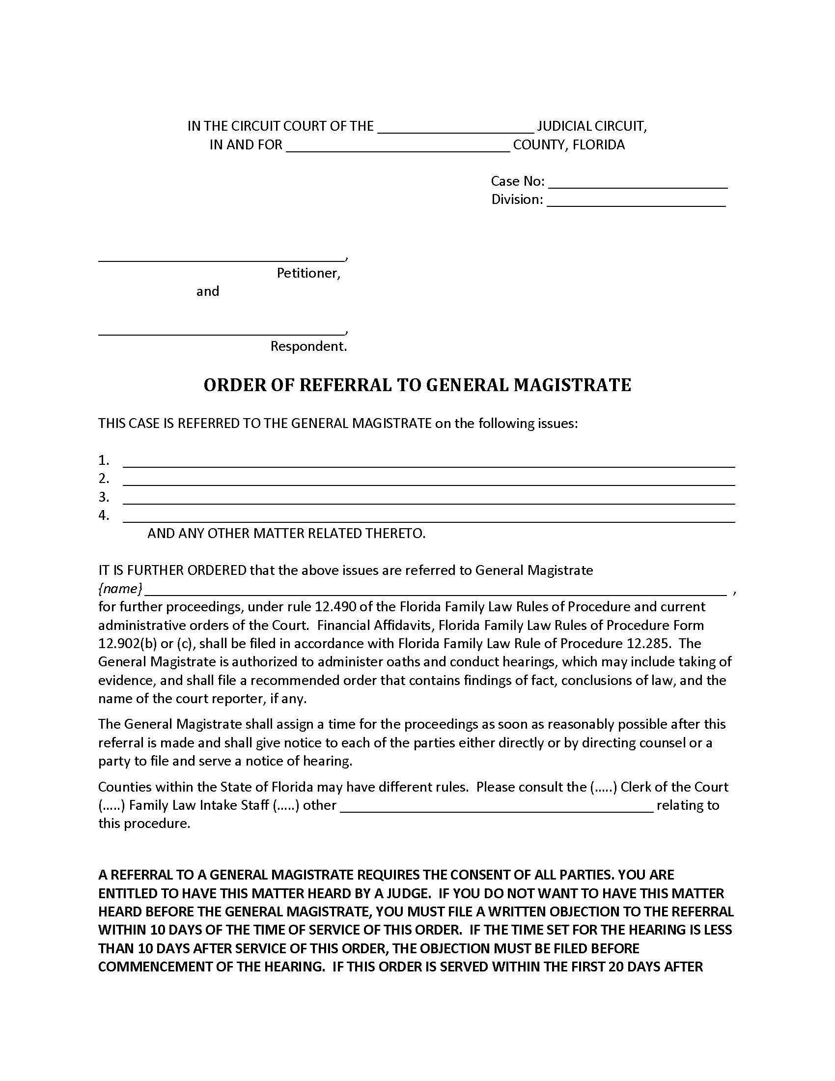 Order Of Referral To Magistrate (Family) | Pdf Fpdf Docx | Florida