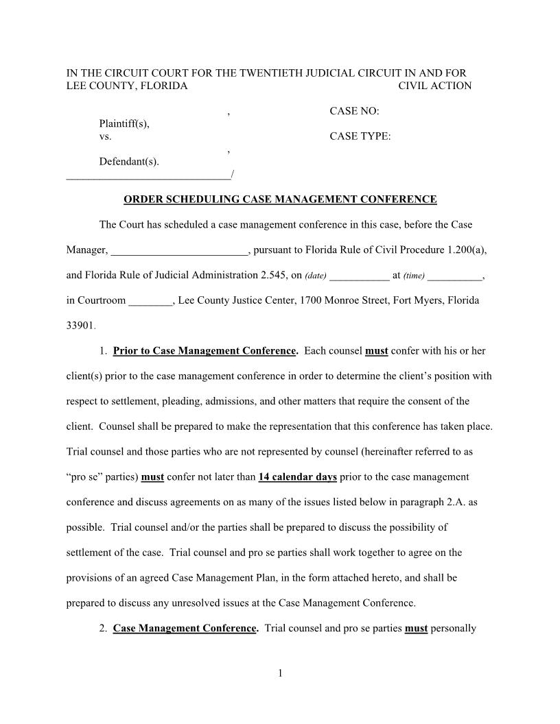 Order Scheduling Case Management Conference | Pdf Fpdf Docx | Florida