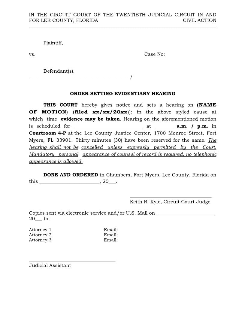 Order Setting Evidentiary Hearing (Judge K Kyle) | Pdf Fpdf Docx | Florida