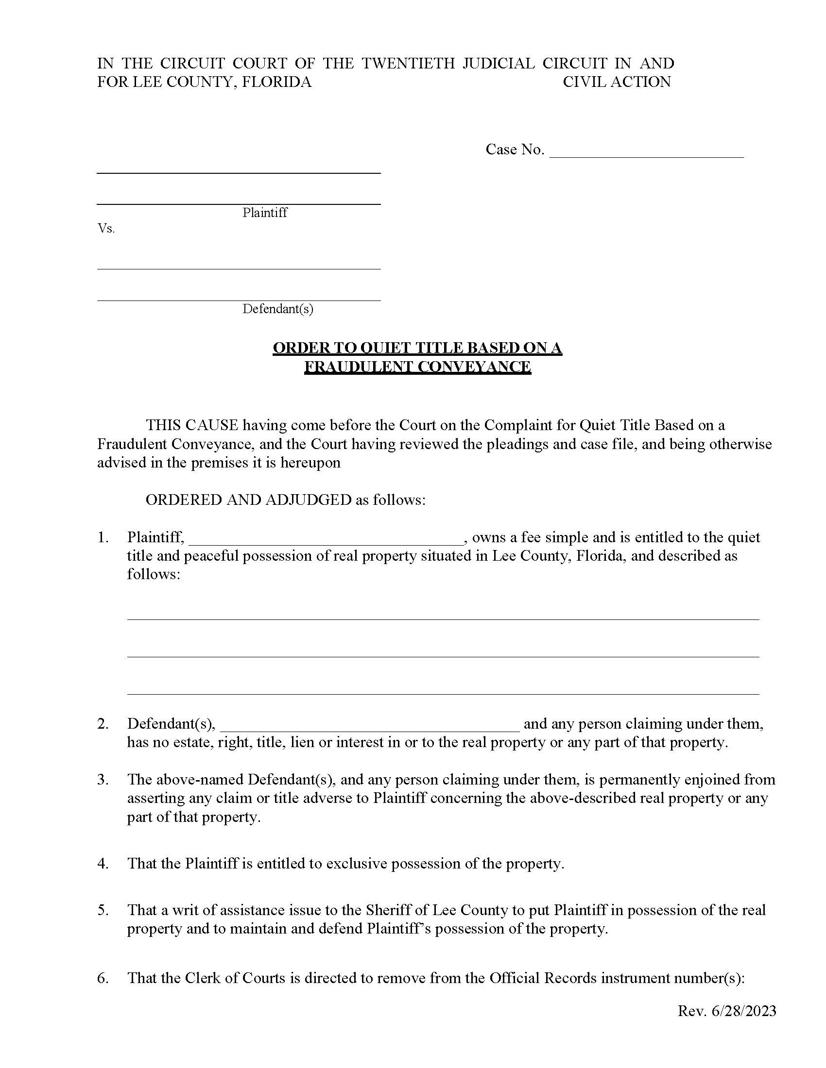 Order To Quiet Title Based On A Fraudulent Conveyance | Pdf Fpdf Docx | Florida