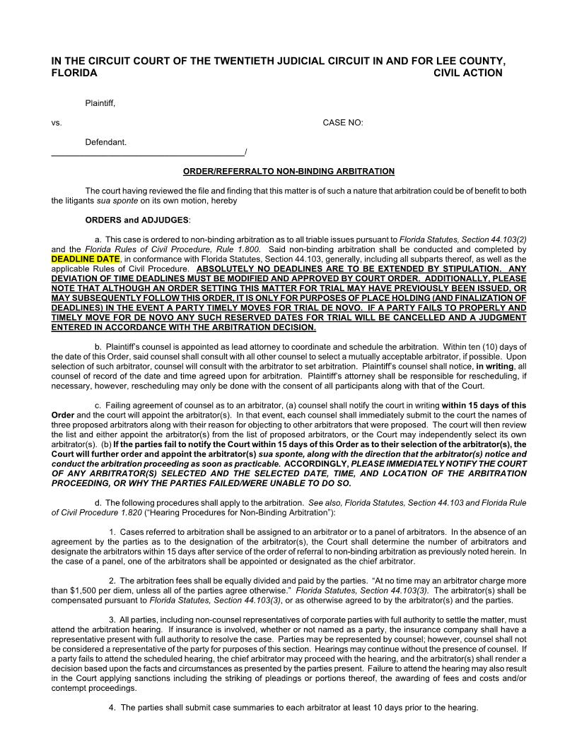 Order-Referral To Nonbinding Arbitration (Judge K Kyle) | Pdf Fpdf Docx | Florida