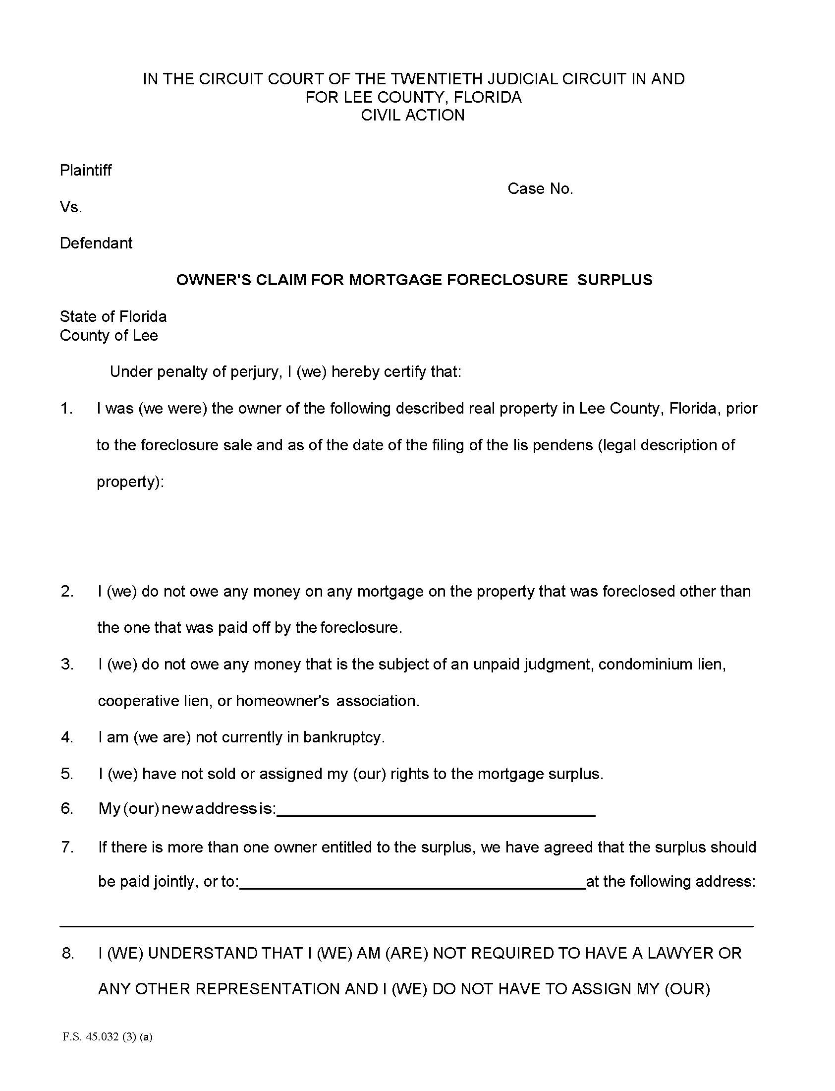 Owners Claim For Mortgage Foreclosure Surplus | Pdf Fpdf Docx | Florida