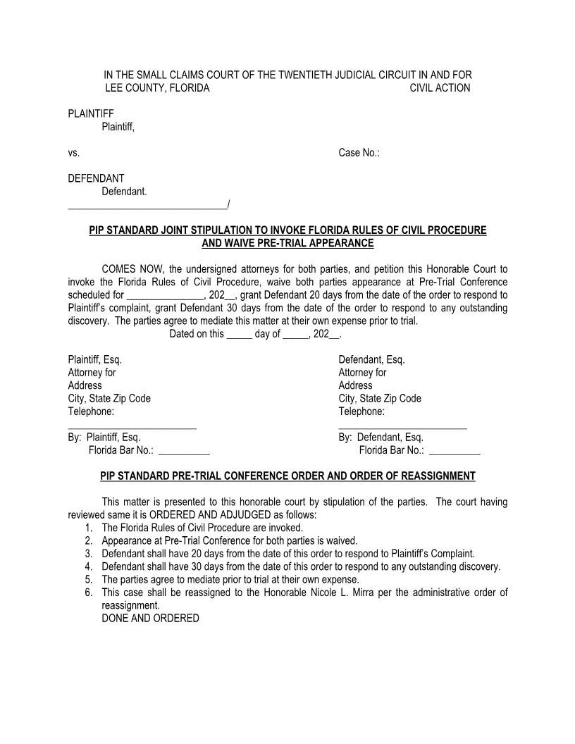 PIP Standard Stipulation Waive Pre-Trial Appearance PC Order (SC) (Judge Paluck) | Pdf Fpdf Docx | Florida
