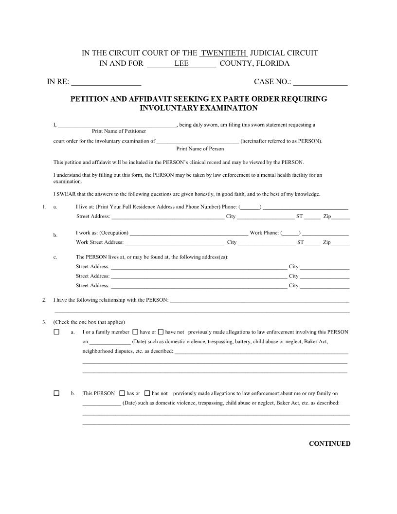 Petition And Affidavit Seeking Ex Parte Order Requiring Involuntary Examination | Pdf Fpdf Docx | Florida