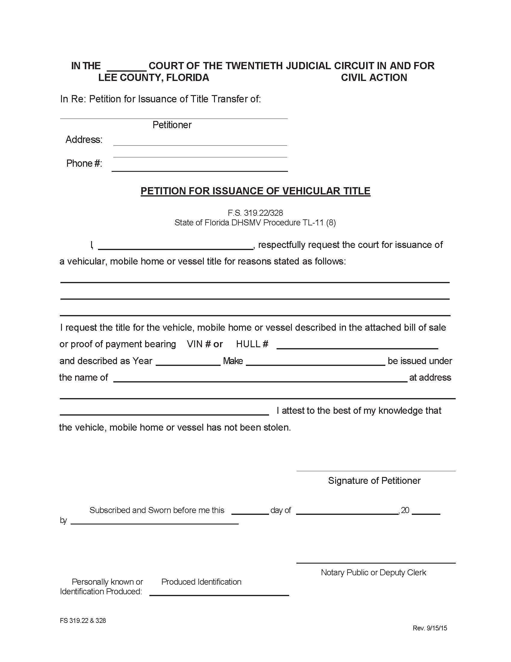 Petition For Issuance Of Vehicular Title | Pdf Fpdf Docx | Florida