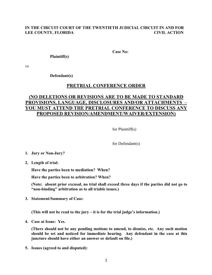 Pretrial Conference Order (Uniform) {LEE PTCOU} | Pdf Fpdf Docx | Florida