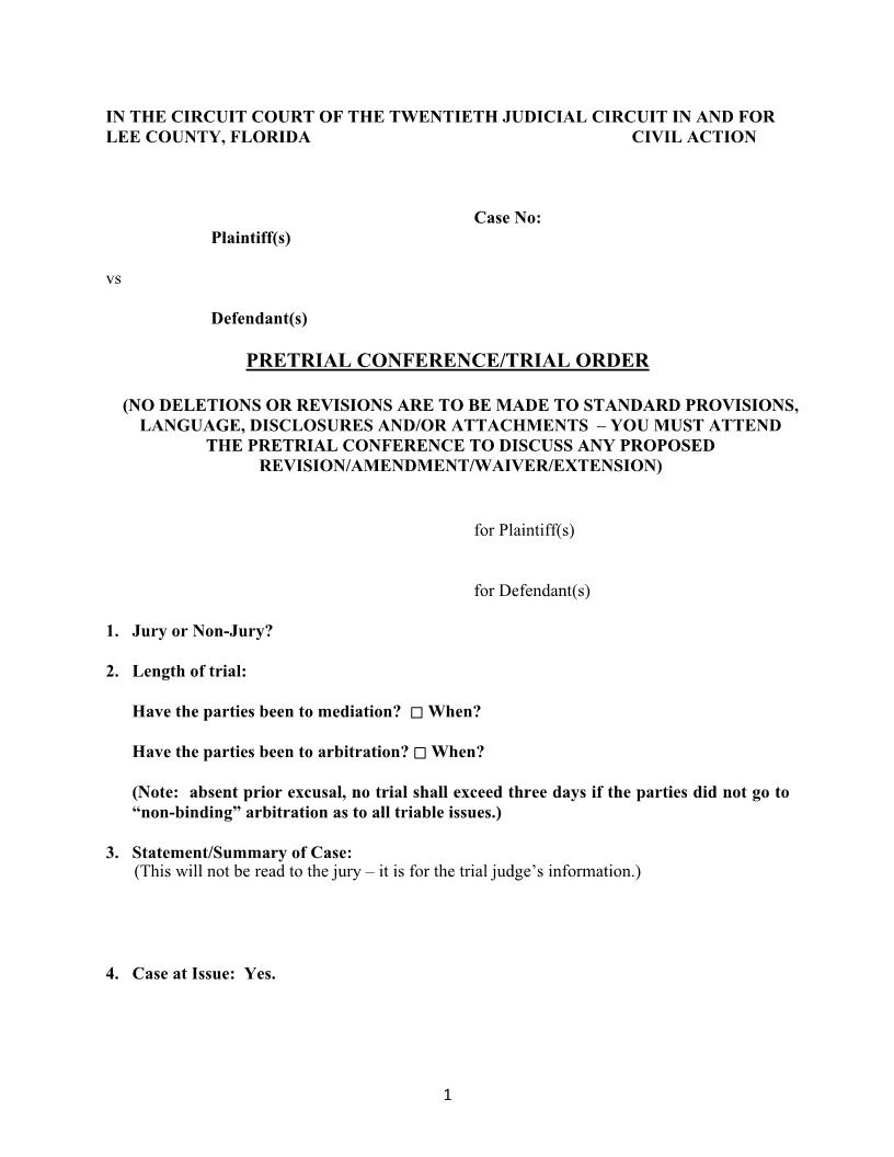 Pretrial Conference-Trial Order (Judge Kyle) {Lee PTCTO-KK} | Pdf Fpdf Docx | Florida