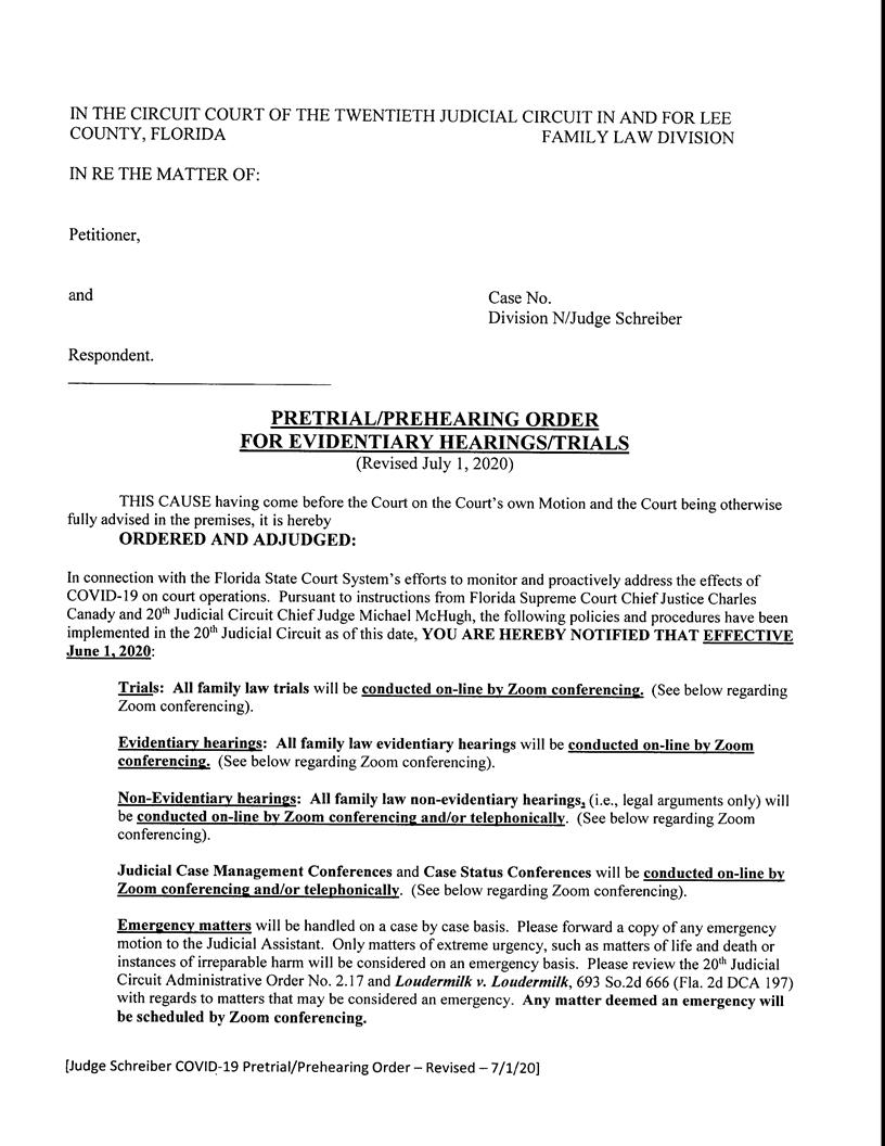Pretrial-Prehearing Order For Evidentiary Hearings-Trials (Judge Schreiber) | Pdf Fpdf Docx | Florida