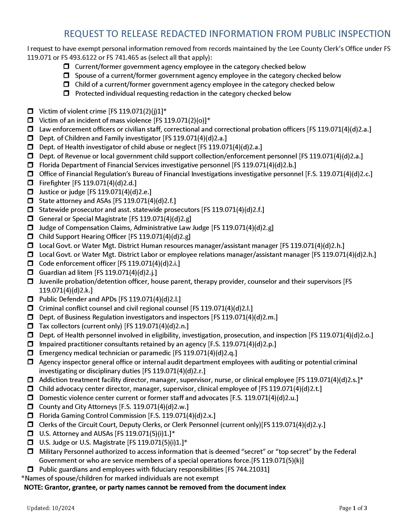 Request To Release Redacted Information On Recorded Documents | Pdf Fpdf Docx | Florida