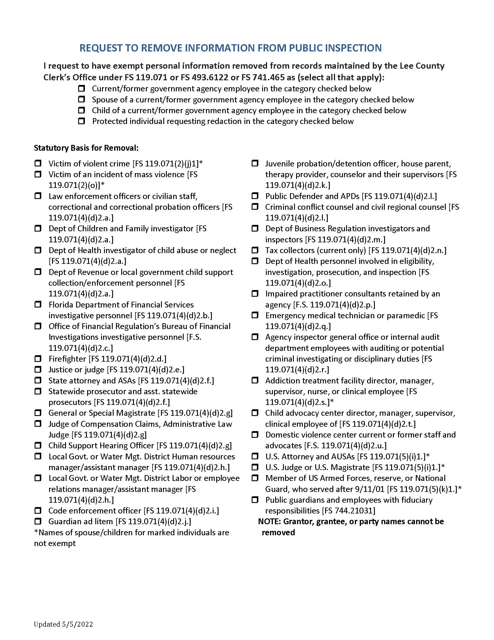 Request To Remove Information From Public Inspection {LEE RRIPI} | Pdf Fpdf Docx | Florida