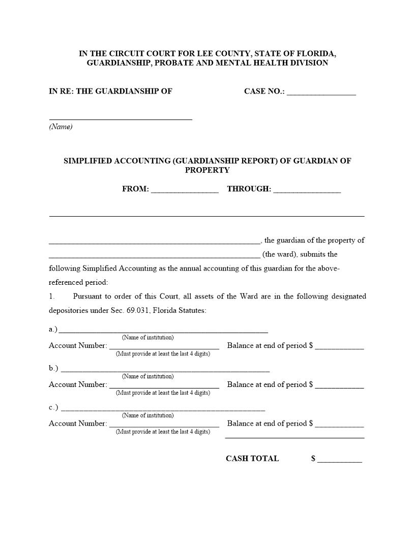 Simplified Accounting (Guardianship Report) Of Guardian Of Property | Pdf Fpdf Docx | Florida