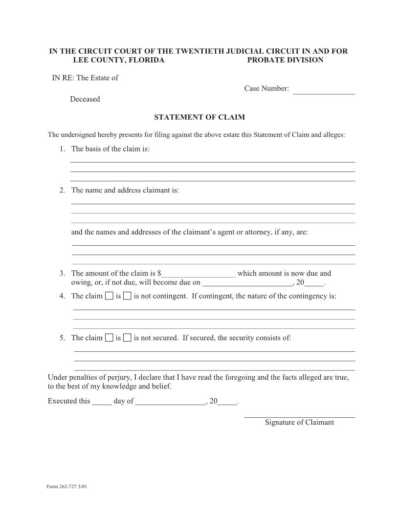 Statement Of Claim (Probate) | Pdf Fpdf Docx | Florida