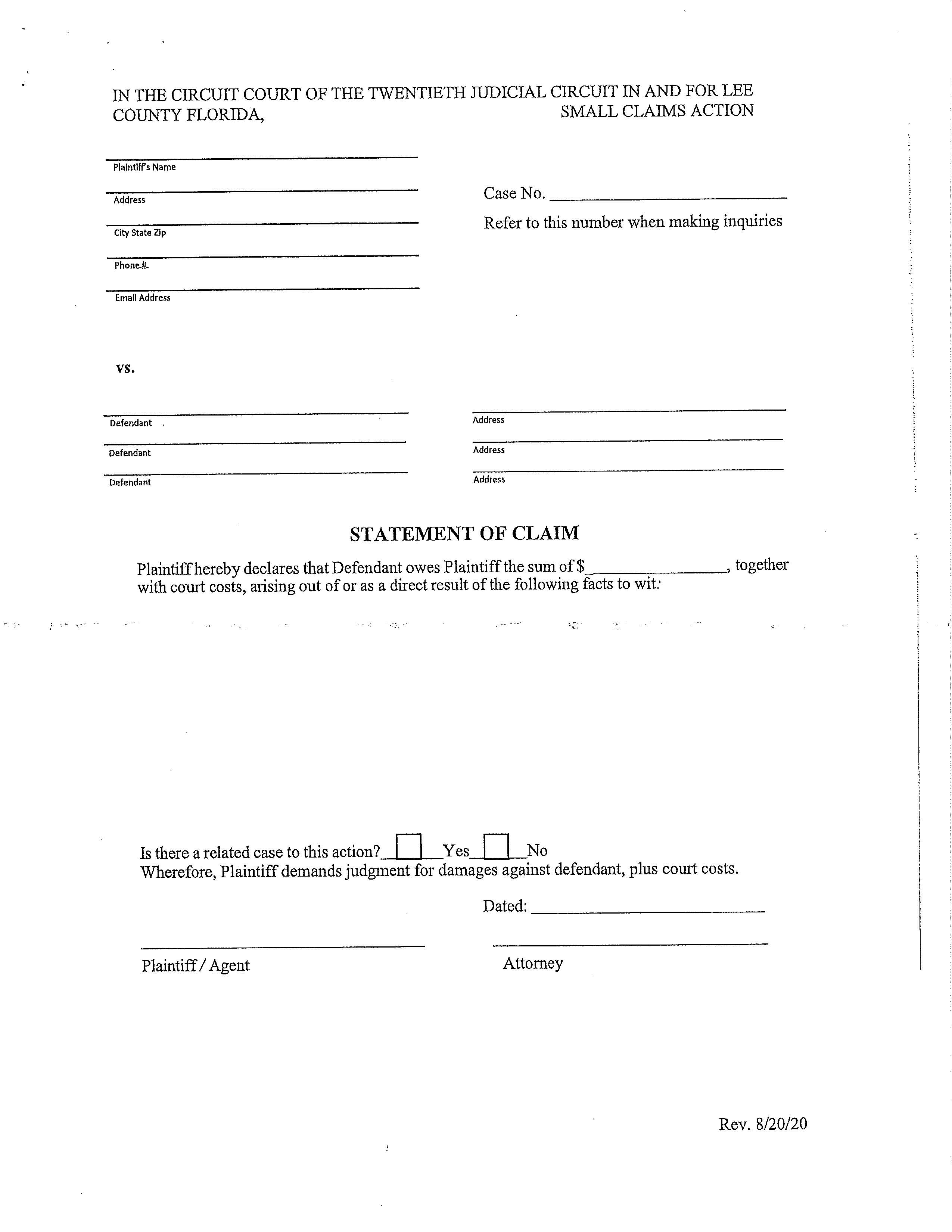 Statement Of Claim (Small Claims) | Pdf Fpdf Docx | Florida