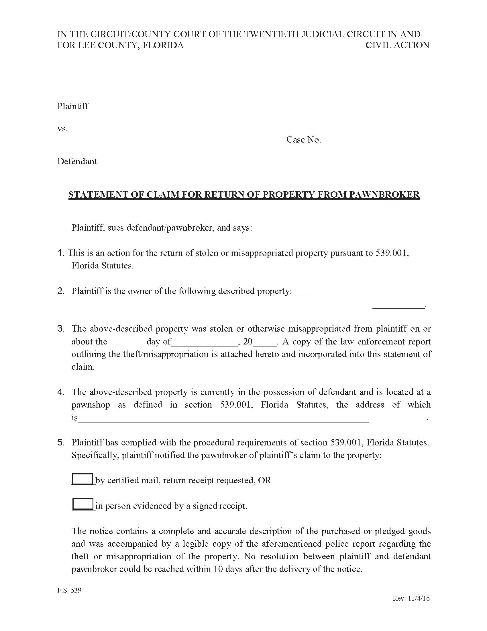 Statement Of Claim For Return Of Property From Pawnbroker | Pdf Fpdf Docx | Florida