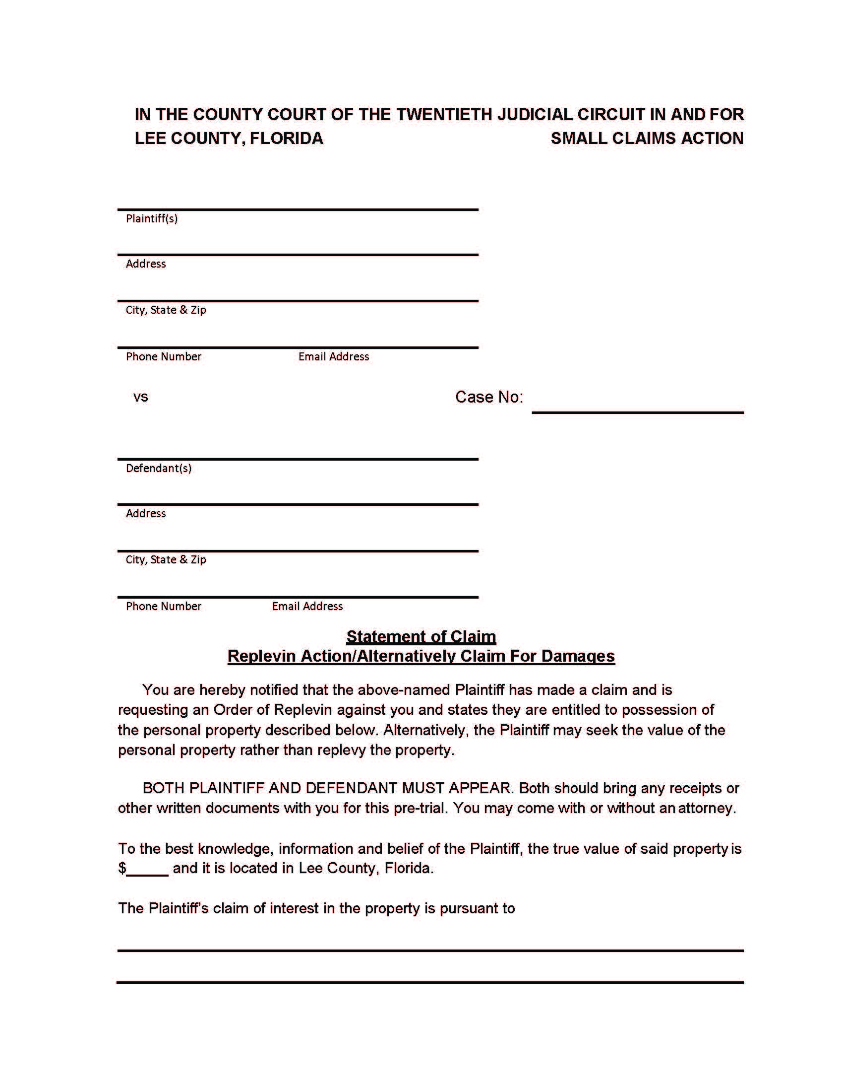 Statement Of Claim Replevin Action Alternatively Claim For Damages | Pdf Fpdf Docx | Florida