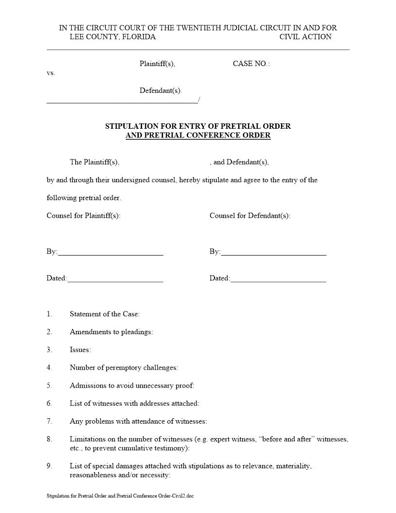 Stipulation For Pretrial Order And Pretrial Conference Order (Judge Steinbeck) | Pdf Fpdf Docx | Florida