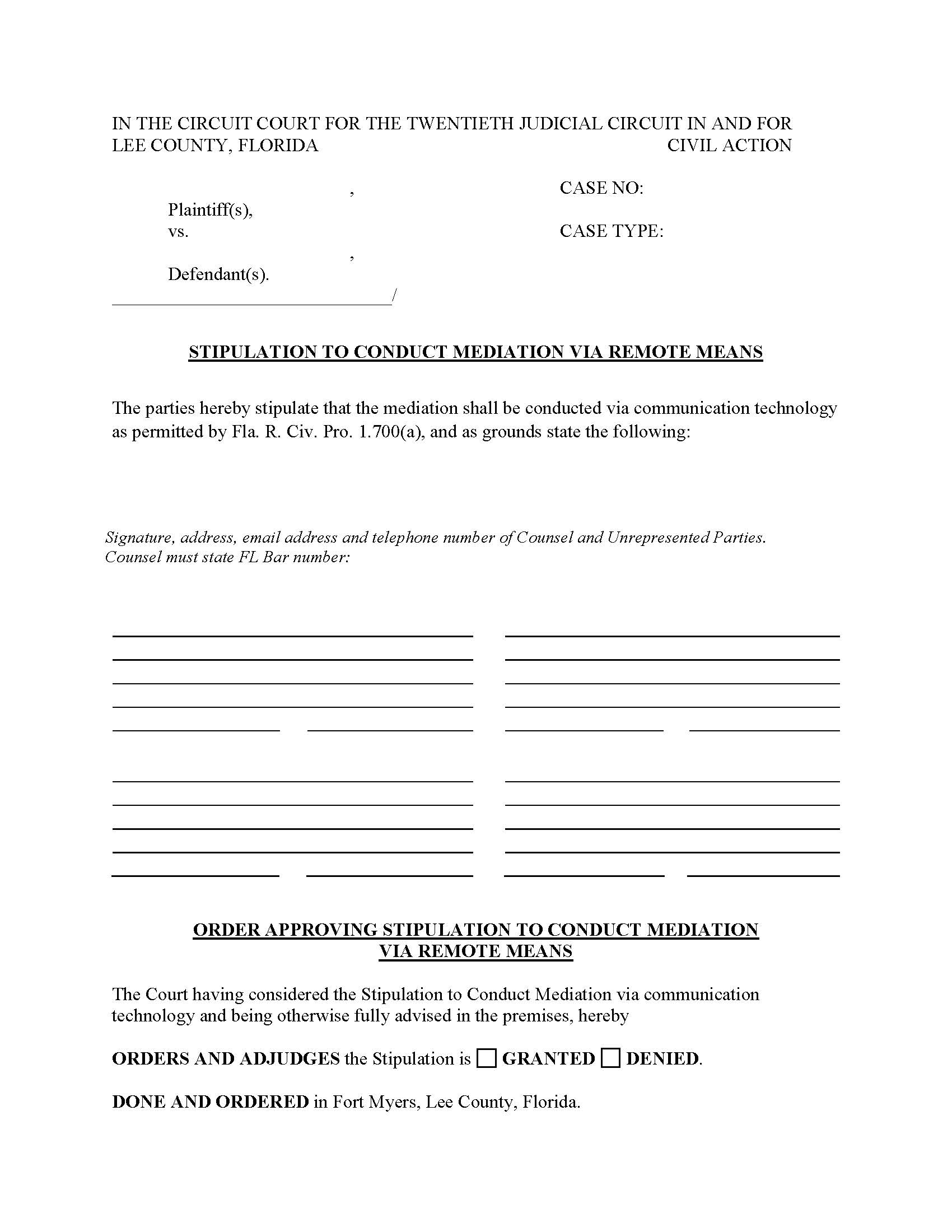 Stipulation To Conduct Mediation Via Remote Means And Order {Lee SCMR-O} | Pdf Fpdf Docx | Florida