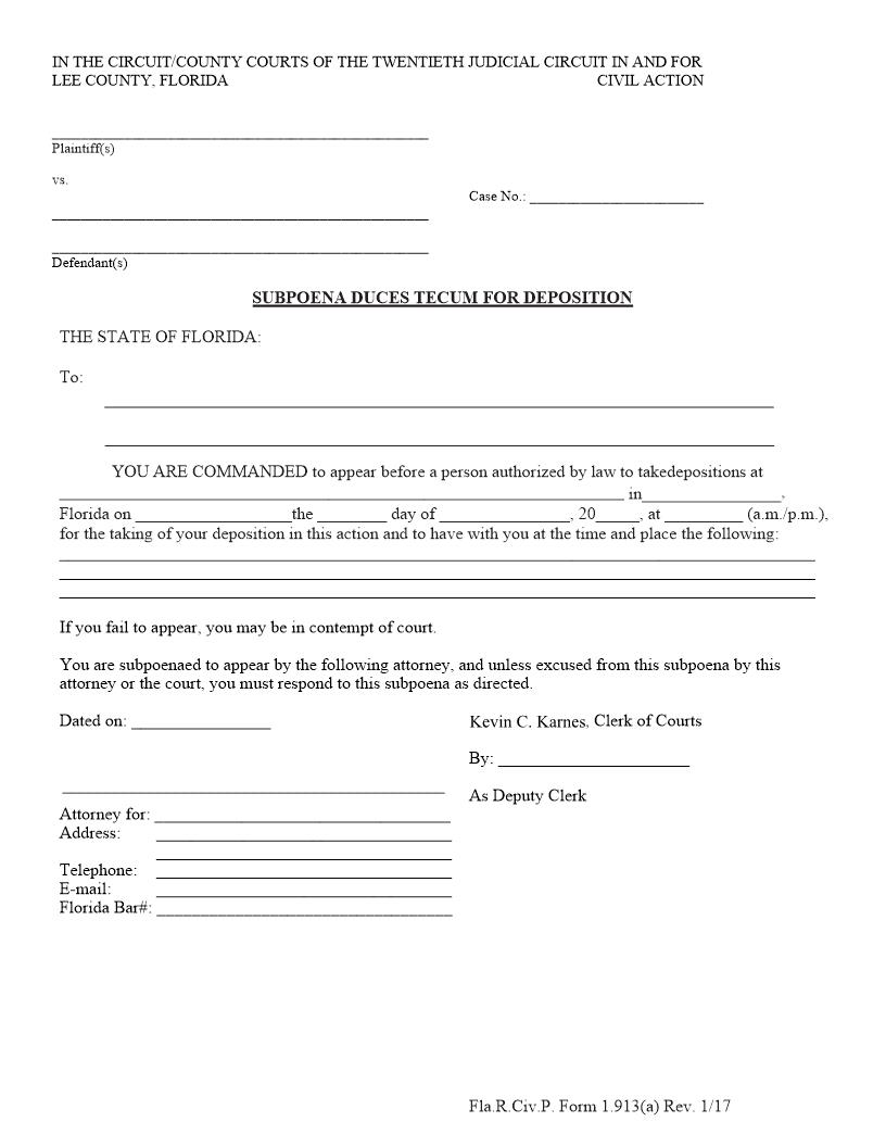 Subpoena Duces Tecum For Deposition | Pdf Fpdf Doc Docx | Florida
