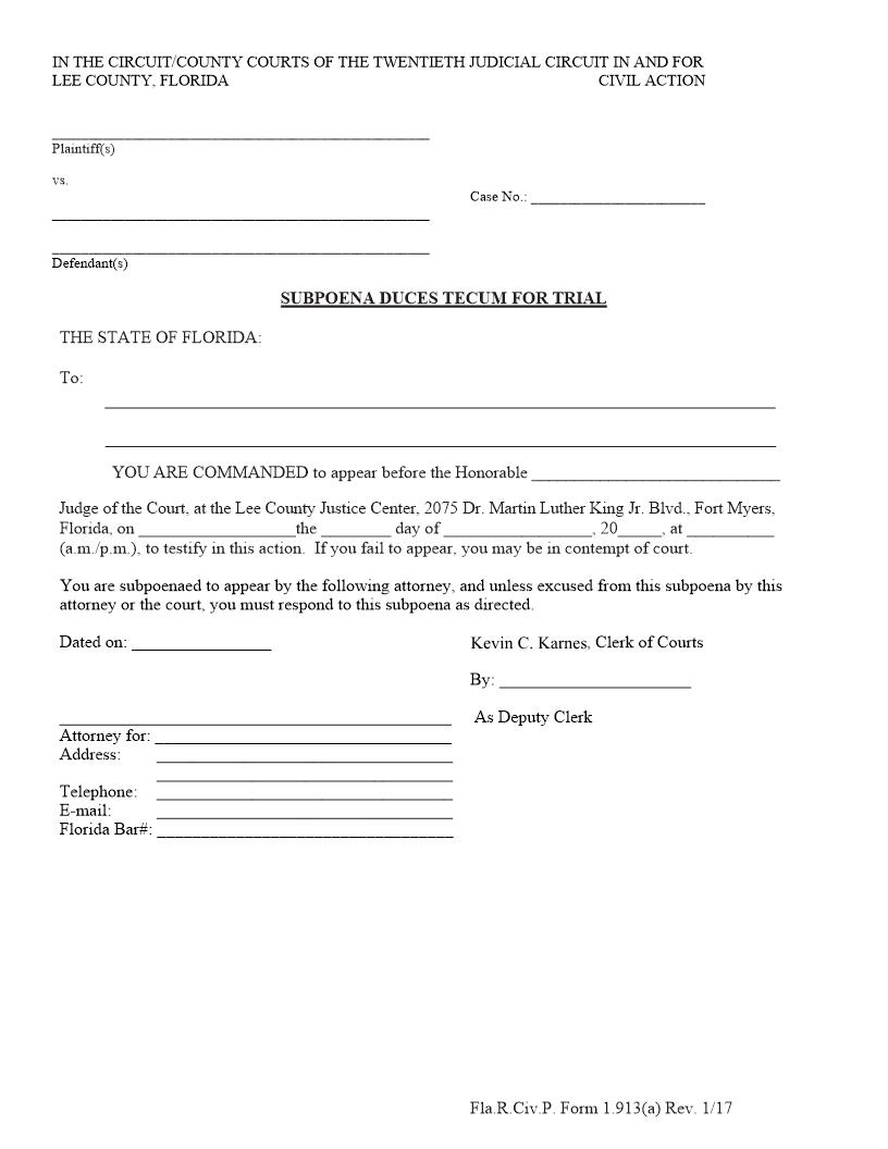 Subpoena Duces Tecum For Trial | Pdf Fpdf Doc Docx | Florida
