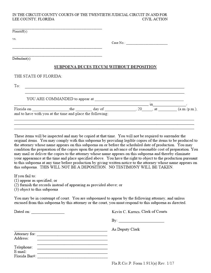 Subpoena Duces Tecum Without Deposition | Pdf Fpdf Doc Docx | Florida