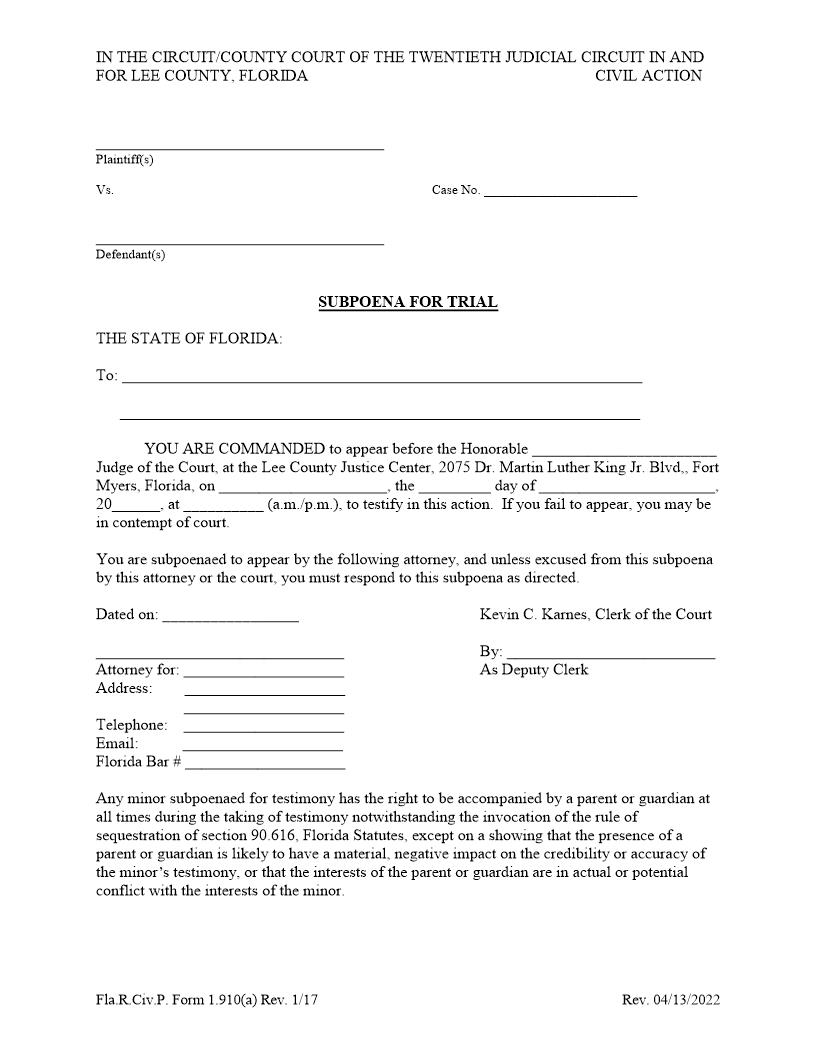 Subpoena For Trial | Pdf Fpdf Doc Docx | Florida