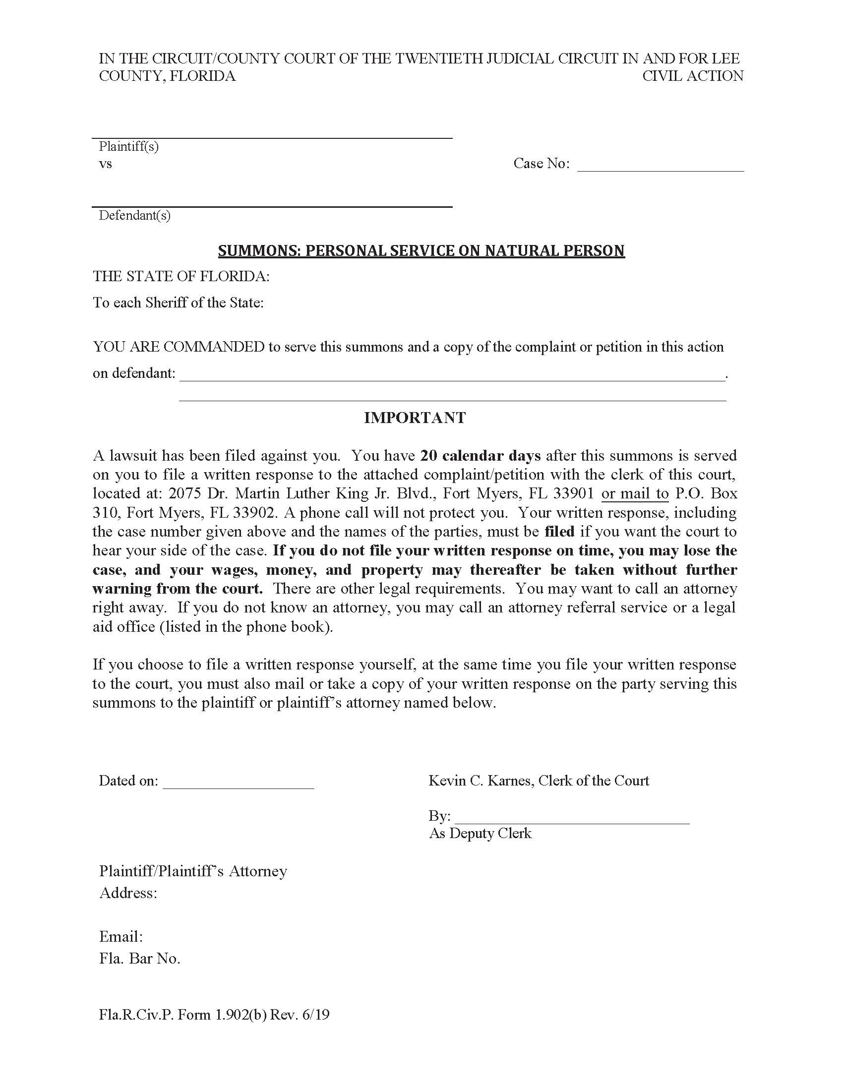 Summons - Personal Service On Natural Person | Pdf Fpdf Doc Docx | Florida