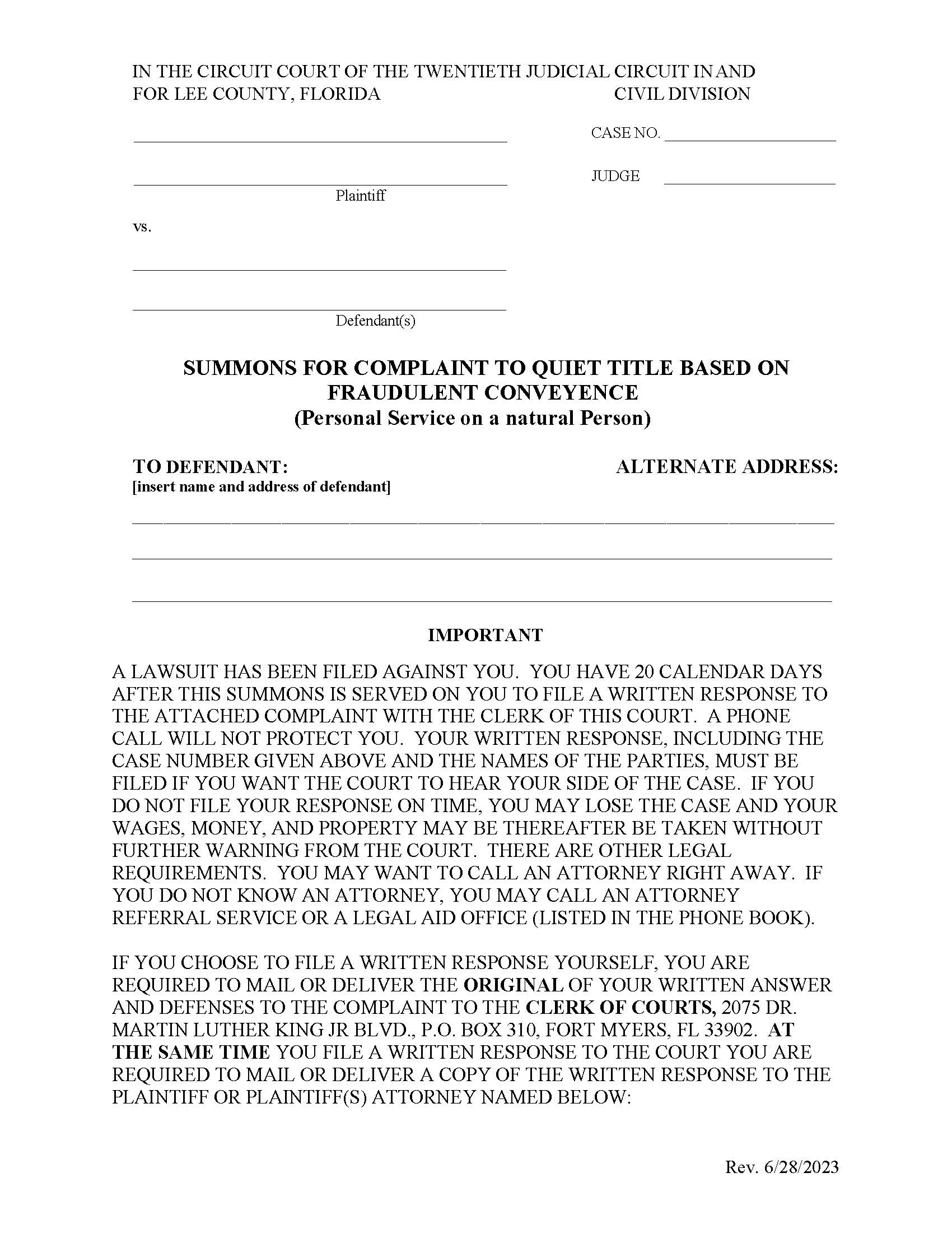 Summons For Complaint To Quiet Title Fraudulent Conveyance. (Personal Service)pdf | Pdf Fpdf Docx | Florida