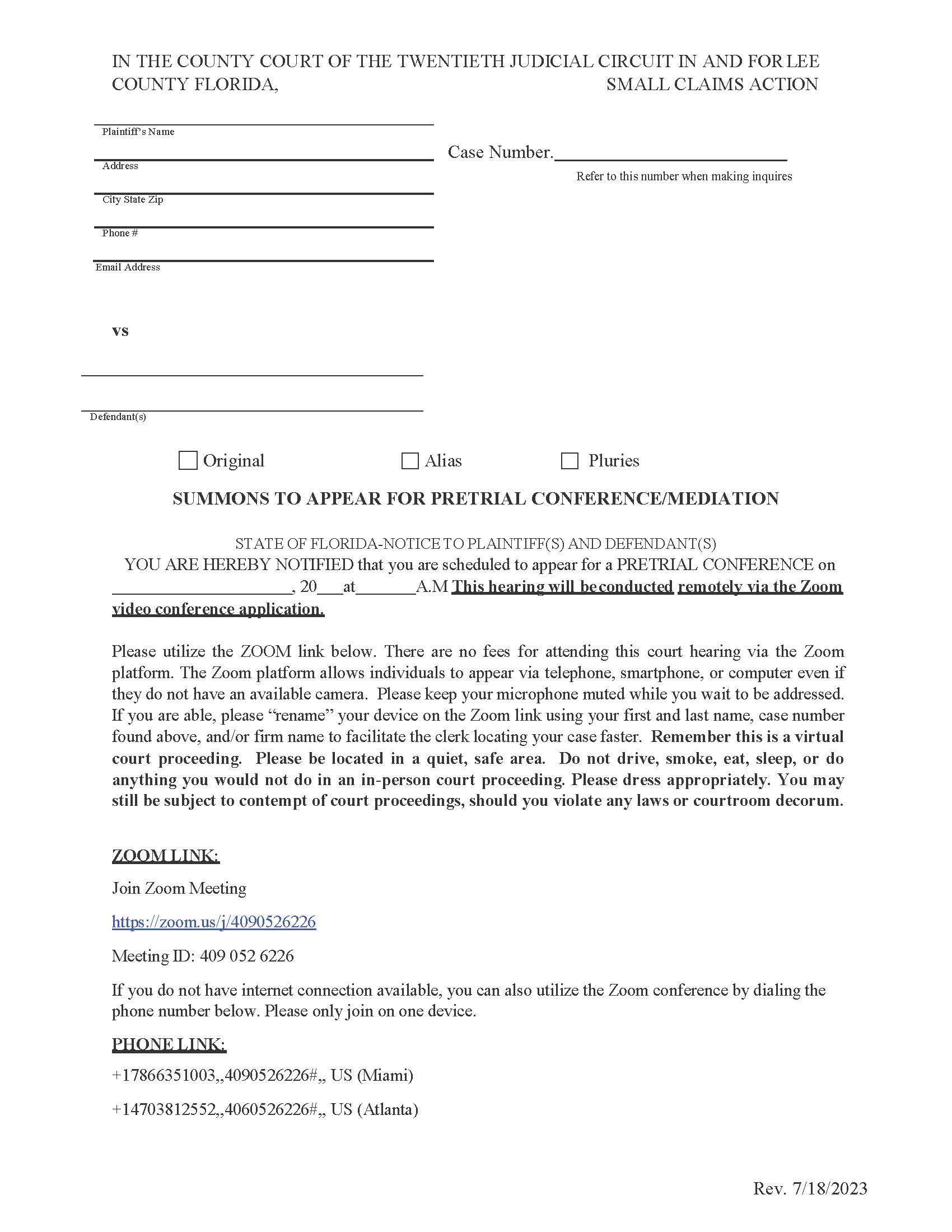 Summons To Appear For Pretrial Conference-Mediation {LEE S-SC} | Pdf Fpdf Docx | Florida