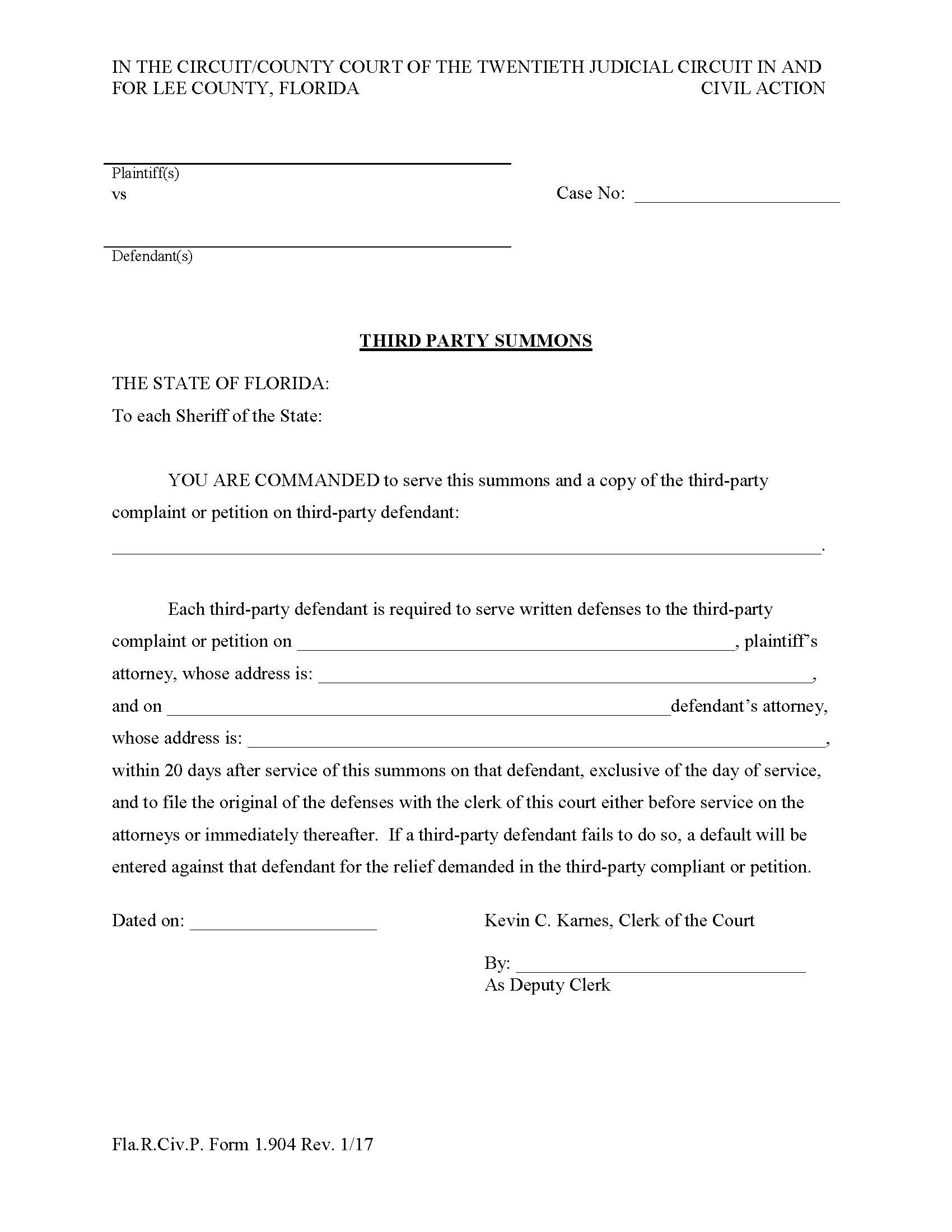 Third Party Summons | Pdf Fpdf Doc Docx | Florida