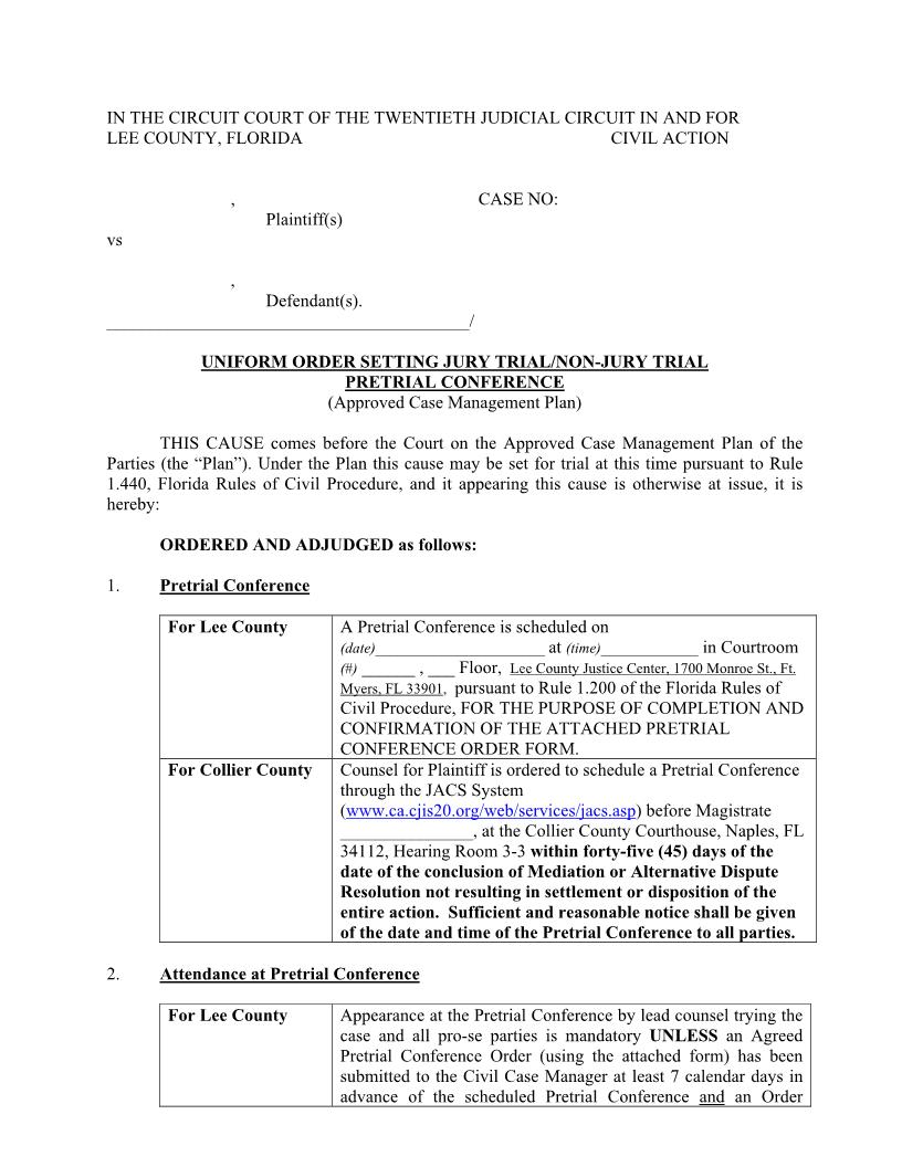 Uniform Order Setting Pretrial Conference (Approved Case Management Plan) | Pdf Fpdf Docx | Florida