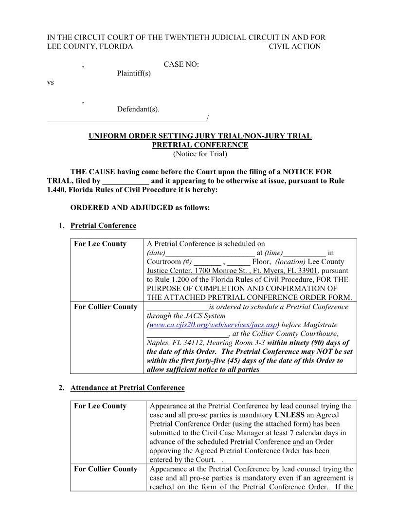 Uniform Order Setting Pretrial Conference (Notice For Trial) | Pdf Fpdf Docx | Florida