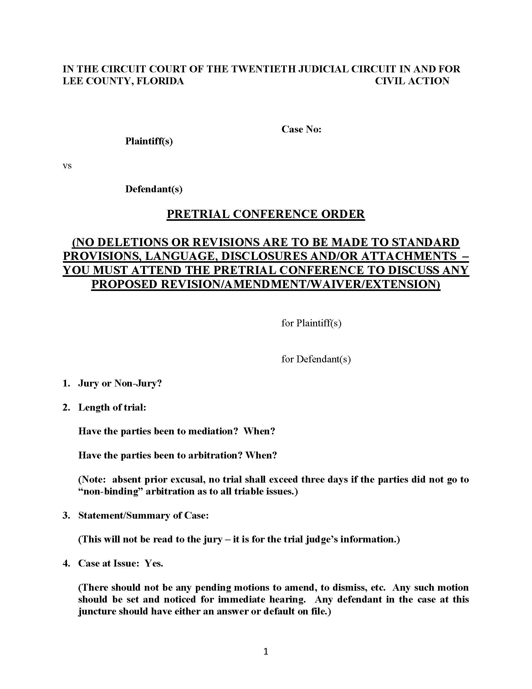 Uniform Pretrial Conference Trial Order | Pdf Fpdf Docx | Florida