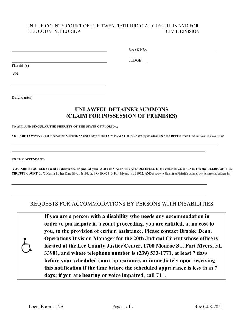 Unlawful Detainer Summons (Claim For Possession Of Premises) {UT-A} | Pdf Fpdf Docx | Florida