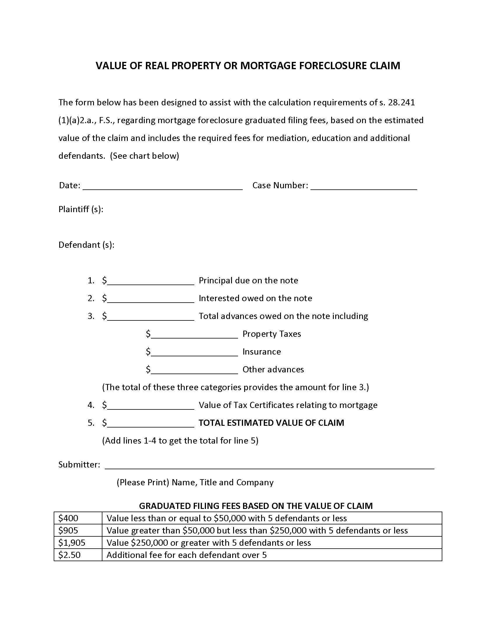 Value Of Real Property Or Mortgage Foreclosure Claim | Pdf Fpdf Docx | Florida