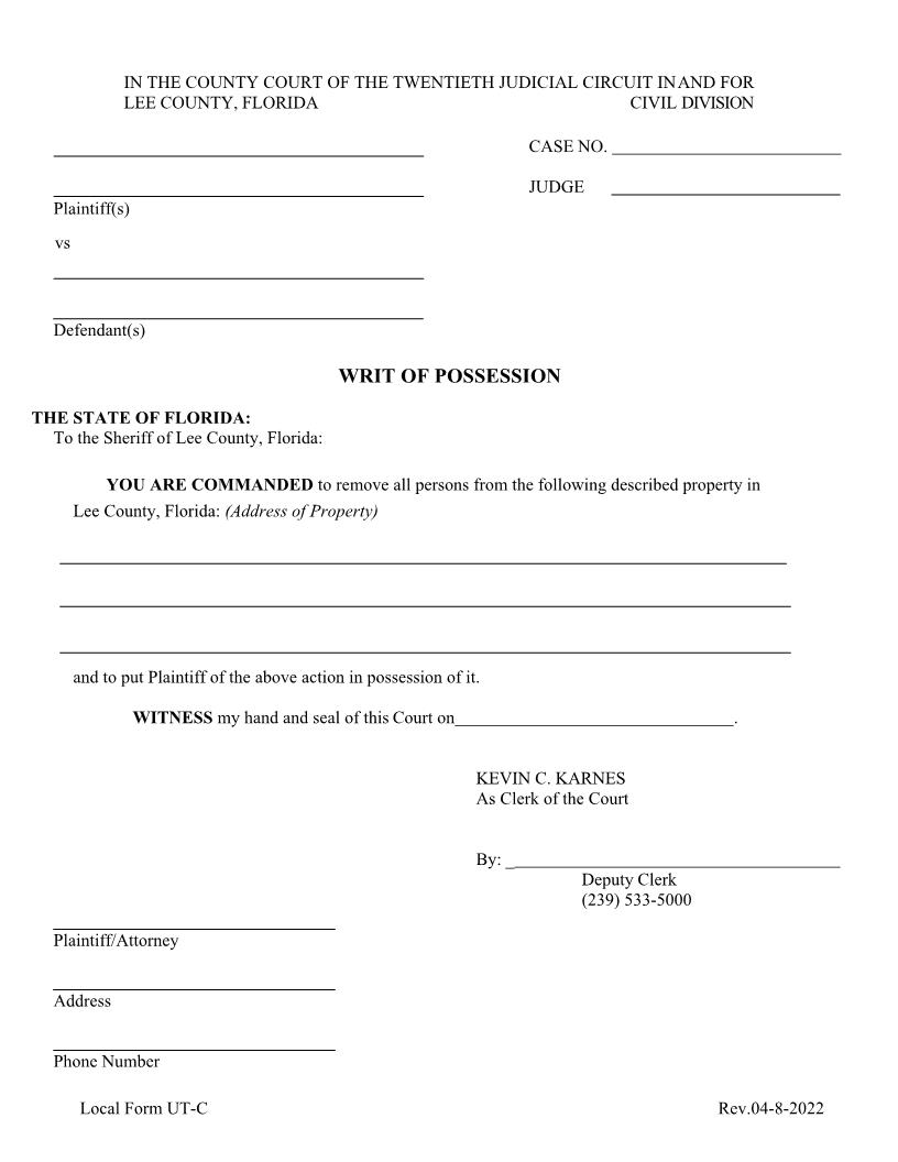 Writ Of Possession {UT-C} | Pdf Fpdf Docx | Florida