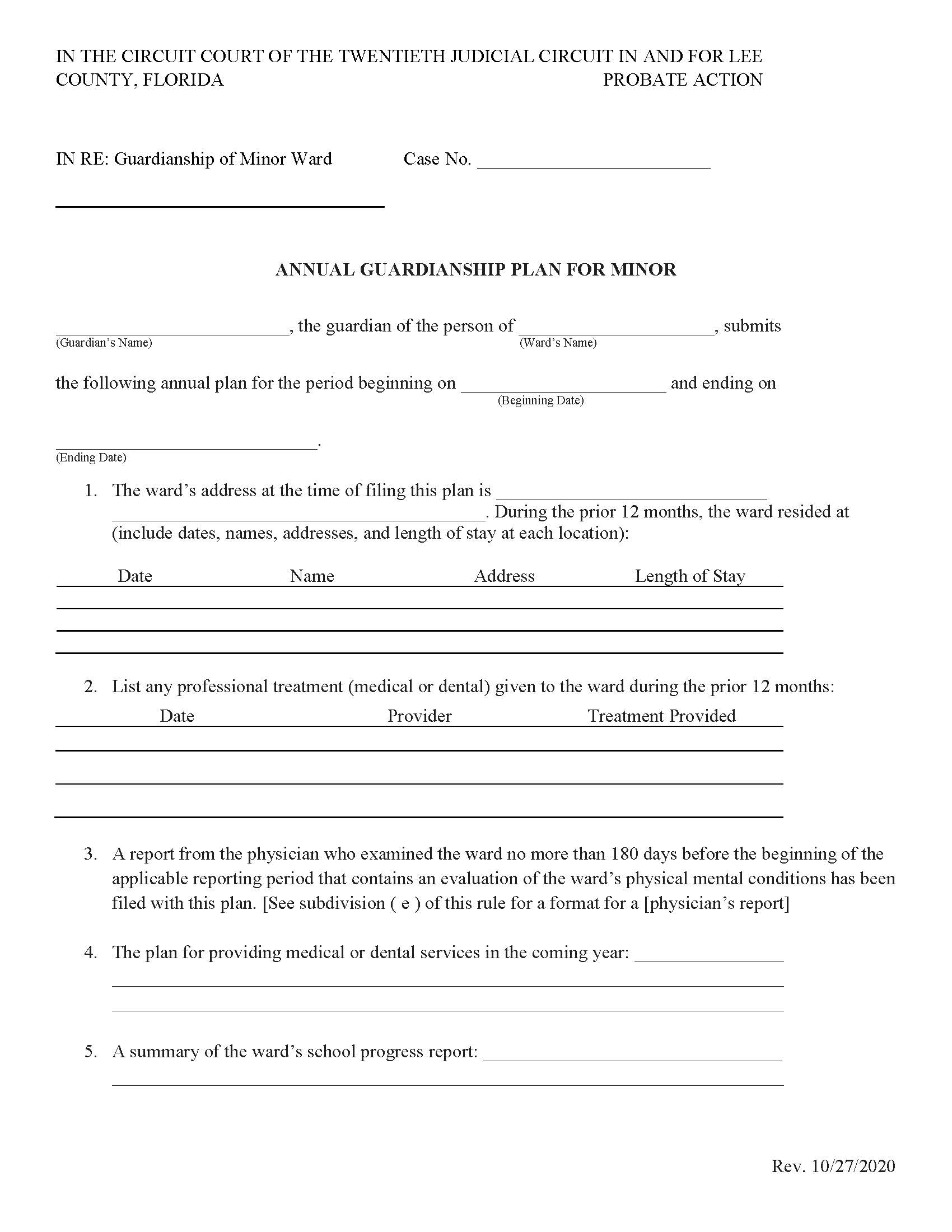 Annual Guardianship Plan For Minor | Pdf Fpdf Docx | Florida