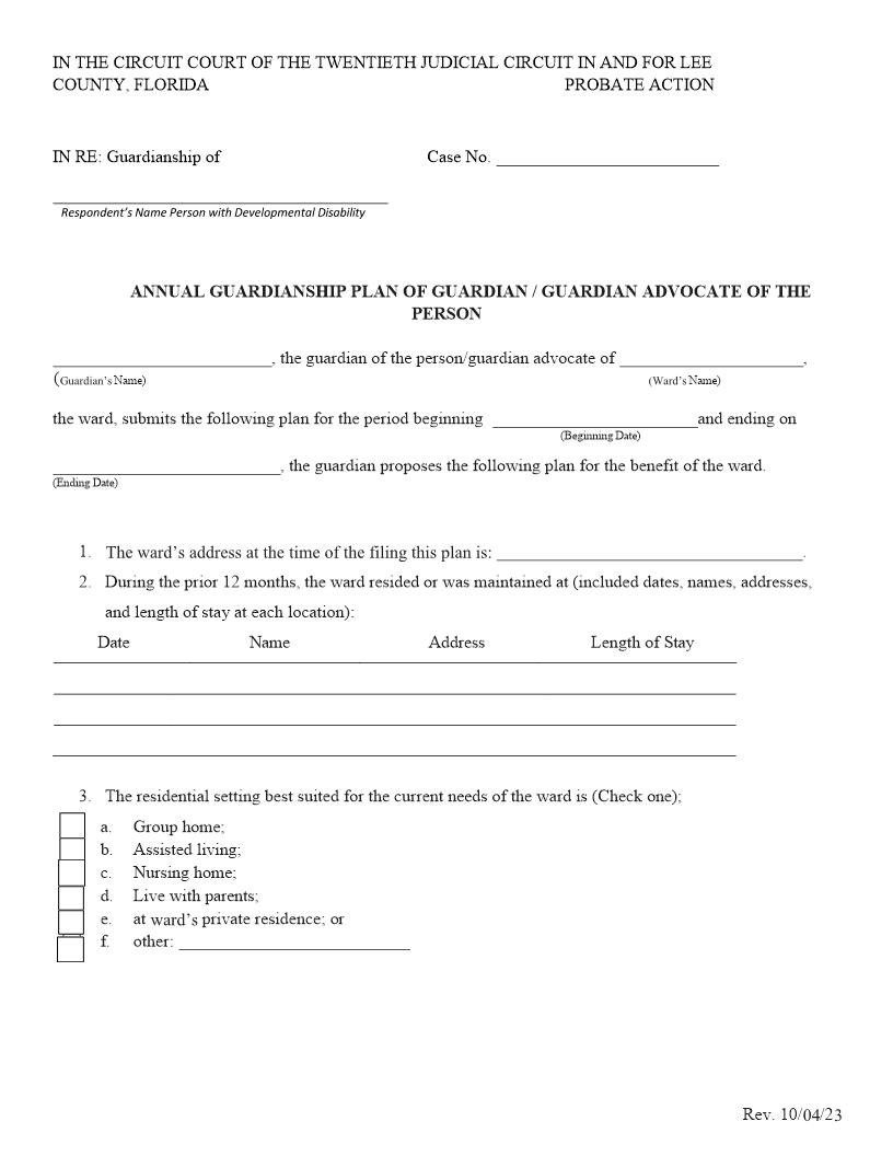 Annual Guardianship Plan Of Guardian-Guardian Advocate Of The Person | Pdf Fpdf Docx | Florida