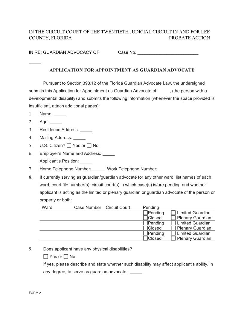 Application For Appointment As Guardian Advocate | Pdf Fpdf Docx | Florida