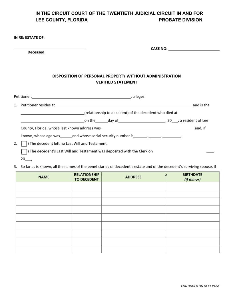 Disposition Of Personal Property Without Administration Verified Statement | Pdf Fpdf Doc Docx | Florida
