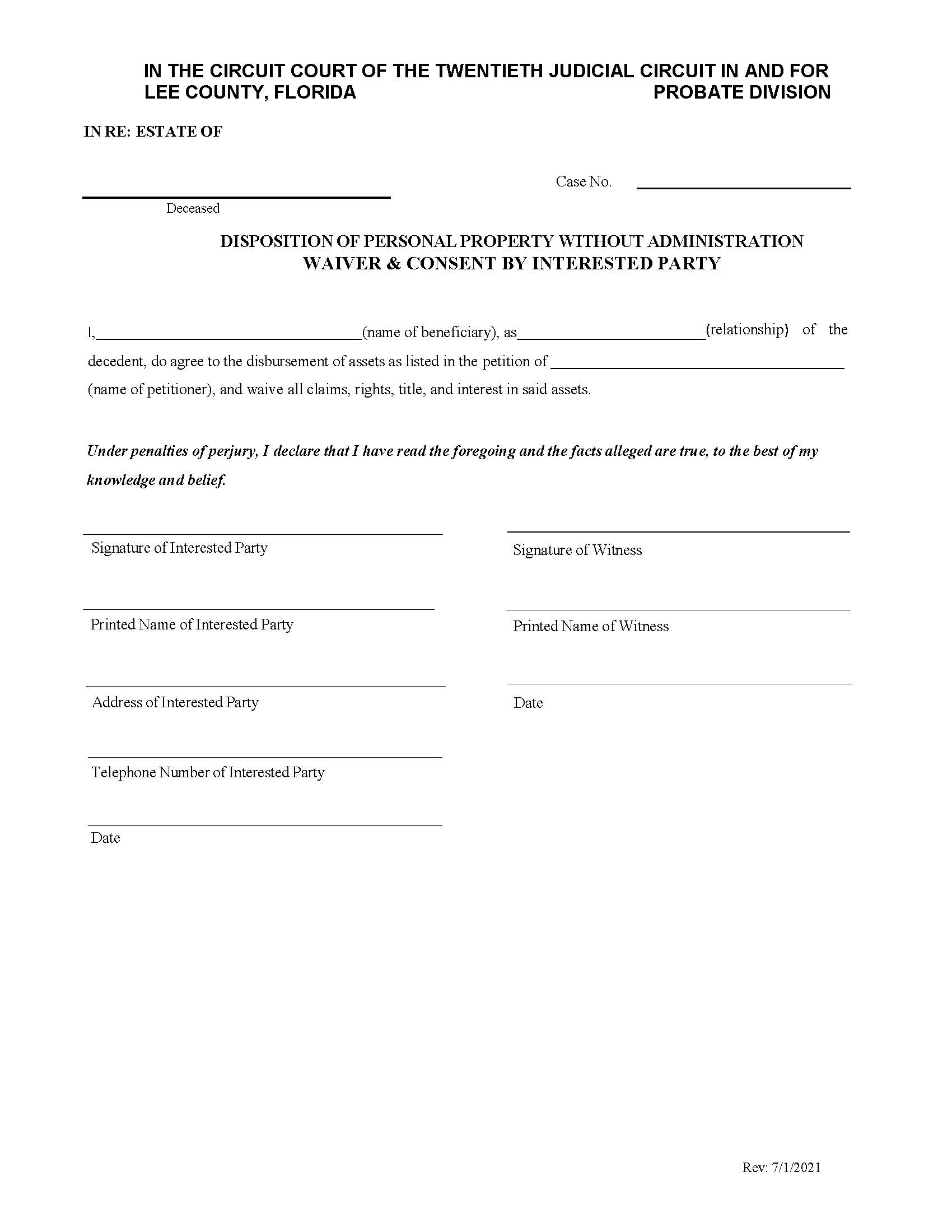 Disposition Of Personal Property Without Administration Waiver Consent Interested Party | Pdf Fpdf Doc Docx | Florida