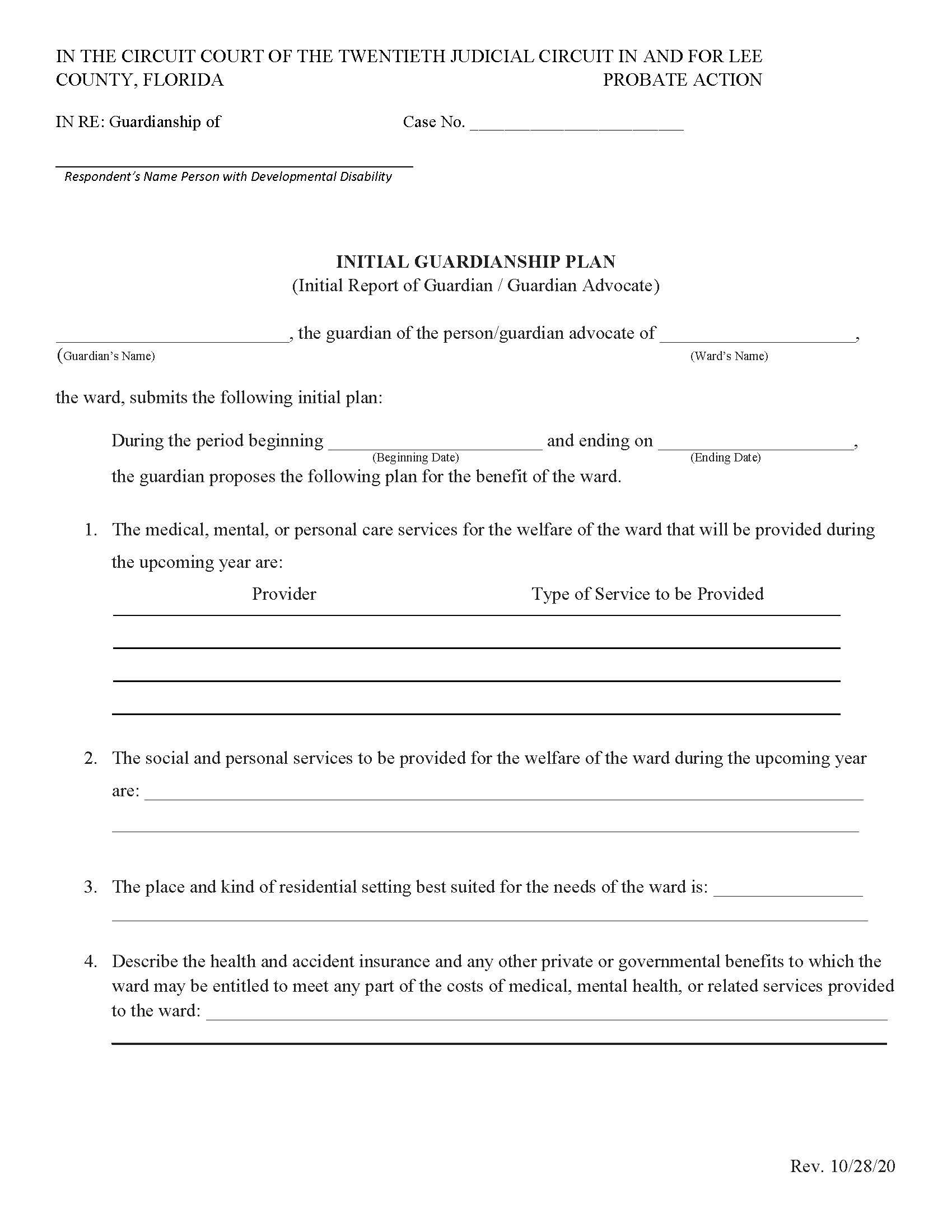 Initial Guardianship Plan (Initial Report Of Guardian-Guardian Advocate) | Pdf Fpdf Docx | Florida