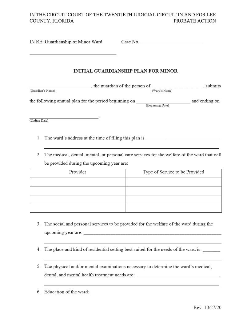 Initial Guardianship Plan For Minor | Pdf Fpdf Docx | Florida