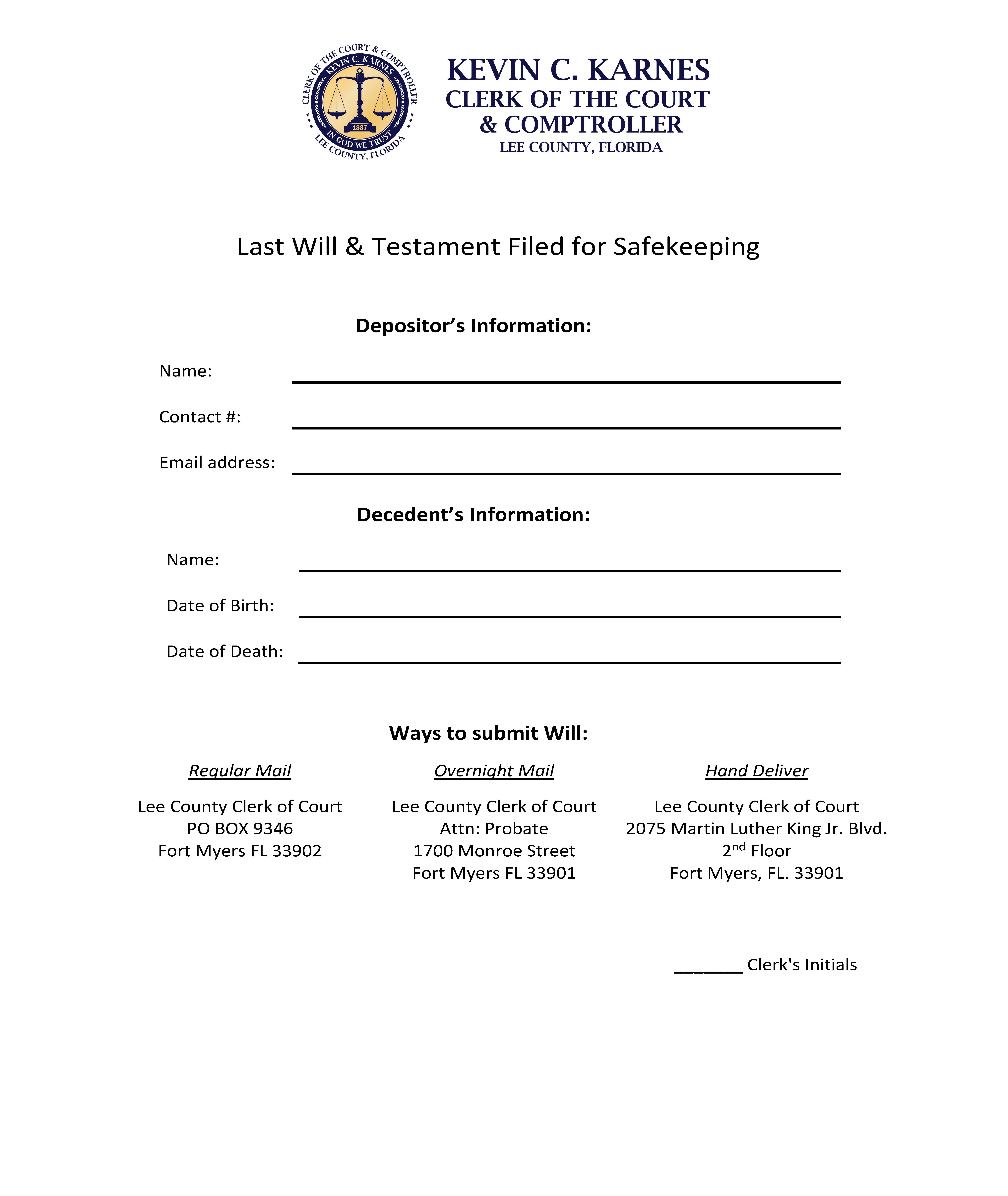 Last Will And Testament Filed For Safekeeping | Pdf Fpdf Docx | Florida